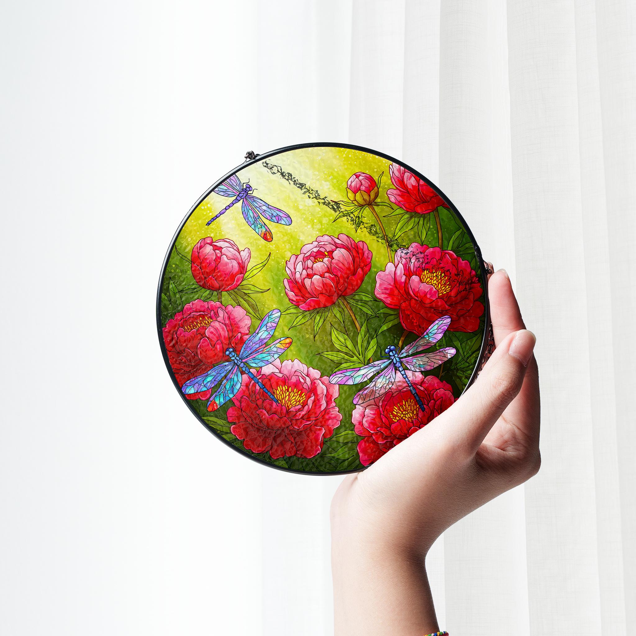 Peony & Dragonfly Glass Suncatcher, Vibrant Floral Window Hanging Decor, Unique Nature Lover Gift, Flower Lover, Gardener Gift, Gift For Mom