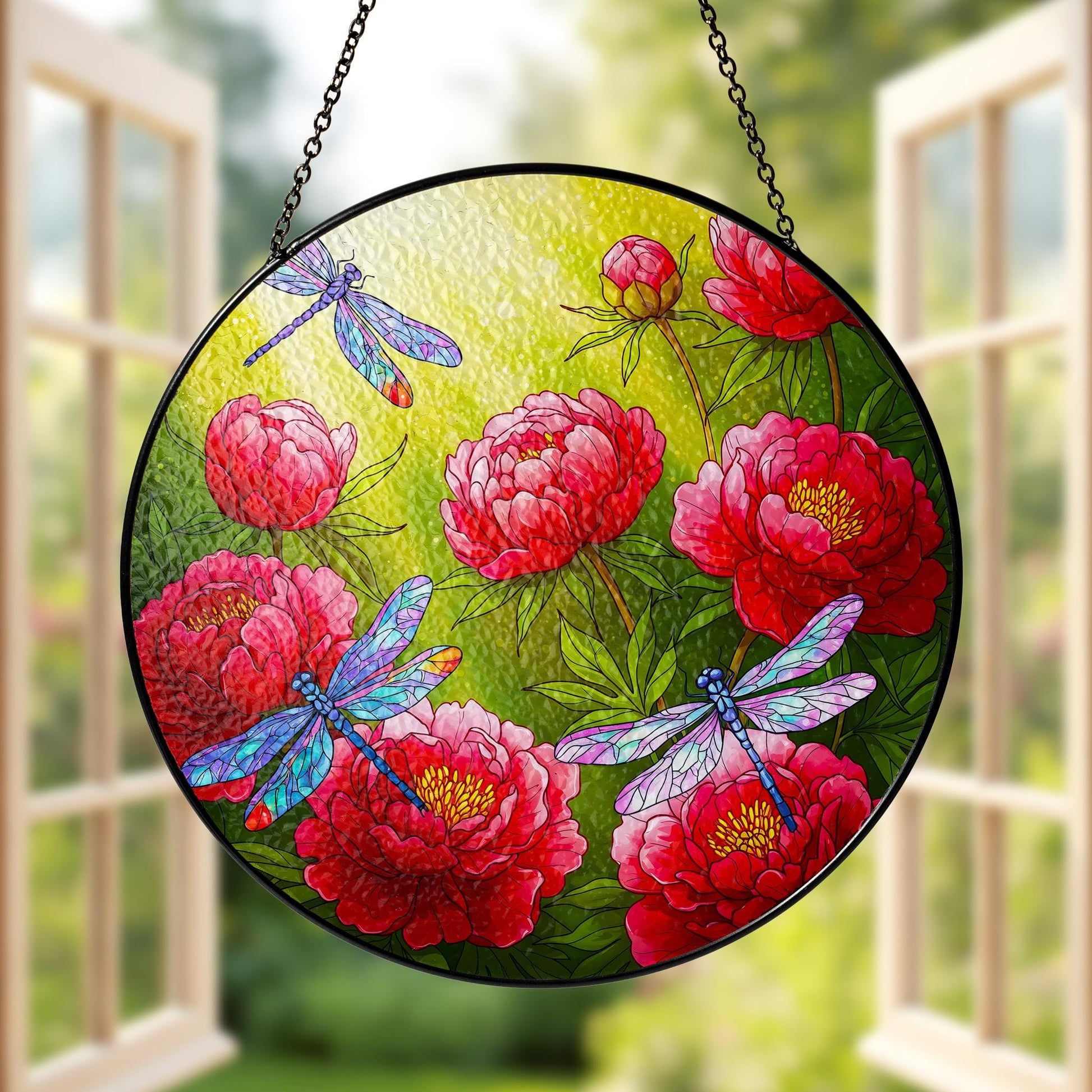 Peony & Dragonfly Glass Suncatcher, Vibrant Floral Window Hanging Decor, Unique Nature Lover Gift, Flower Lover, Gardener Gift, Gift For Mom