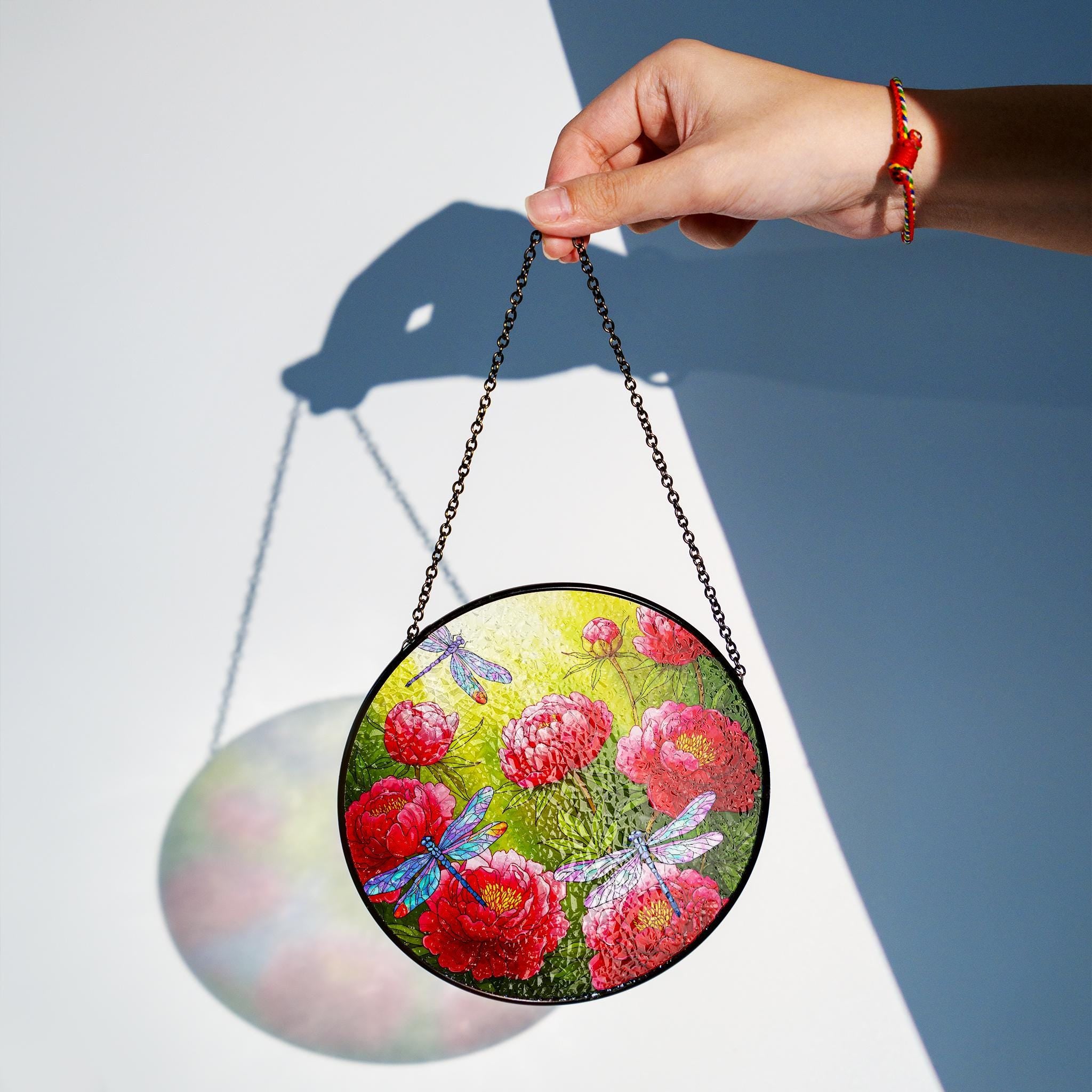 Peony & Dragonfly Glass Suncatcher, Vibrant Floral Window Hanging Decor, Unique Nature Lover Gift, Flower Lover, Gardener Gift, Gift For Mom