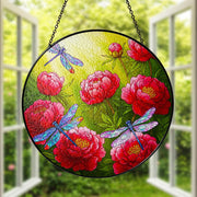 Peony & Dragonfly Glass Suncatcher, Vibrant Floral Window Hanging Decor, Unique Nature Lover Gift, Flower Lover, Gardener Gift, Gift For Mom