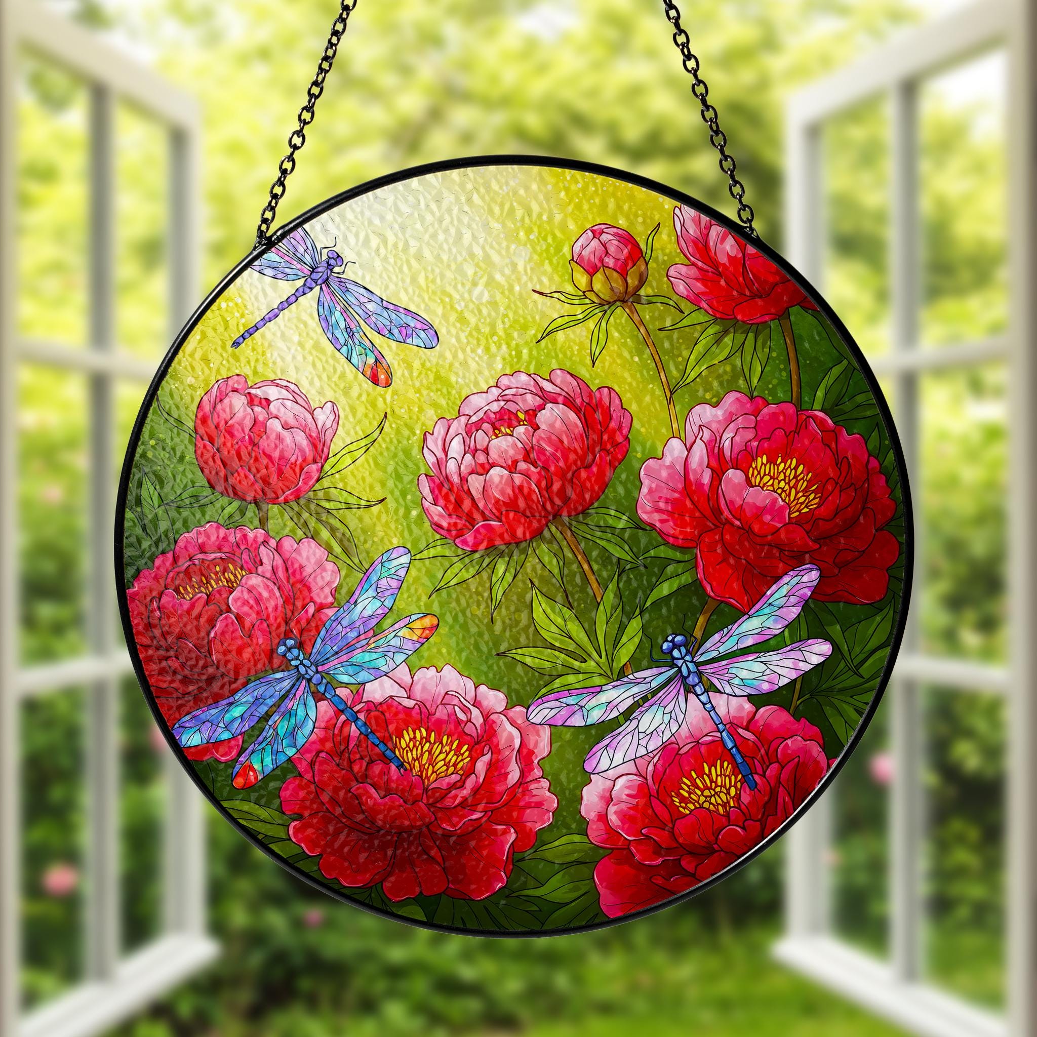 Peony & Dragonfly Glass Suncatcher, Vibrant Floral Window Hanging Decor, Unique Nature Lover Gift, Flower Lover, Gardener Gift, Gift For Mom