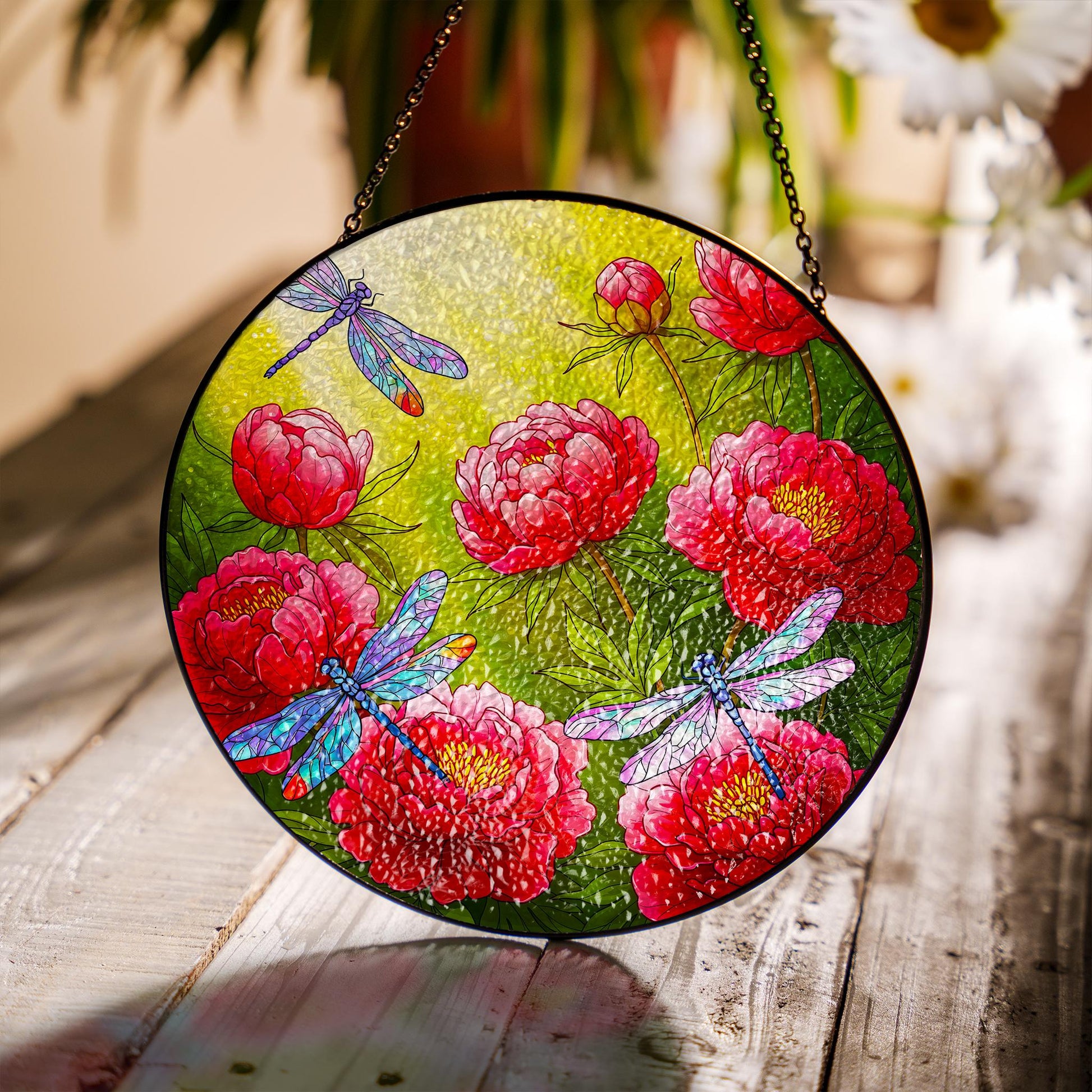 Peony & Dragonfly Glass Suncatcher, Vibrant Floral Window Hanging Decor, Unique Nature Lover Gift, Flower Lover, Gardener Gift, Gift For Mom