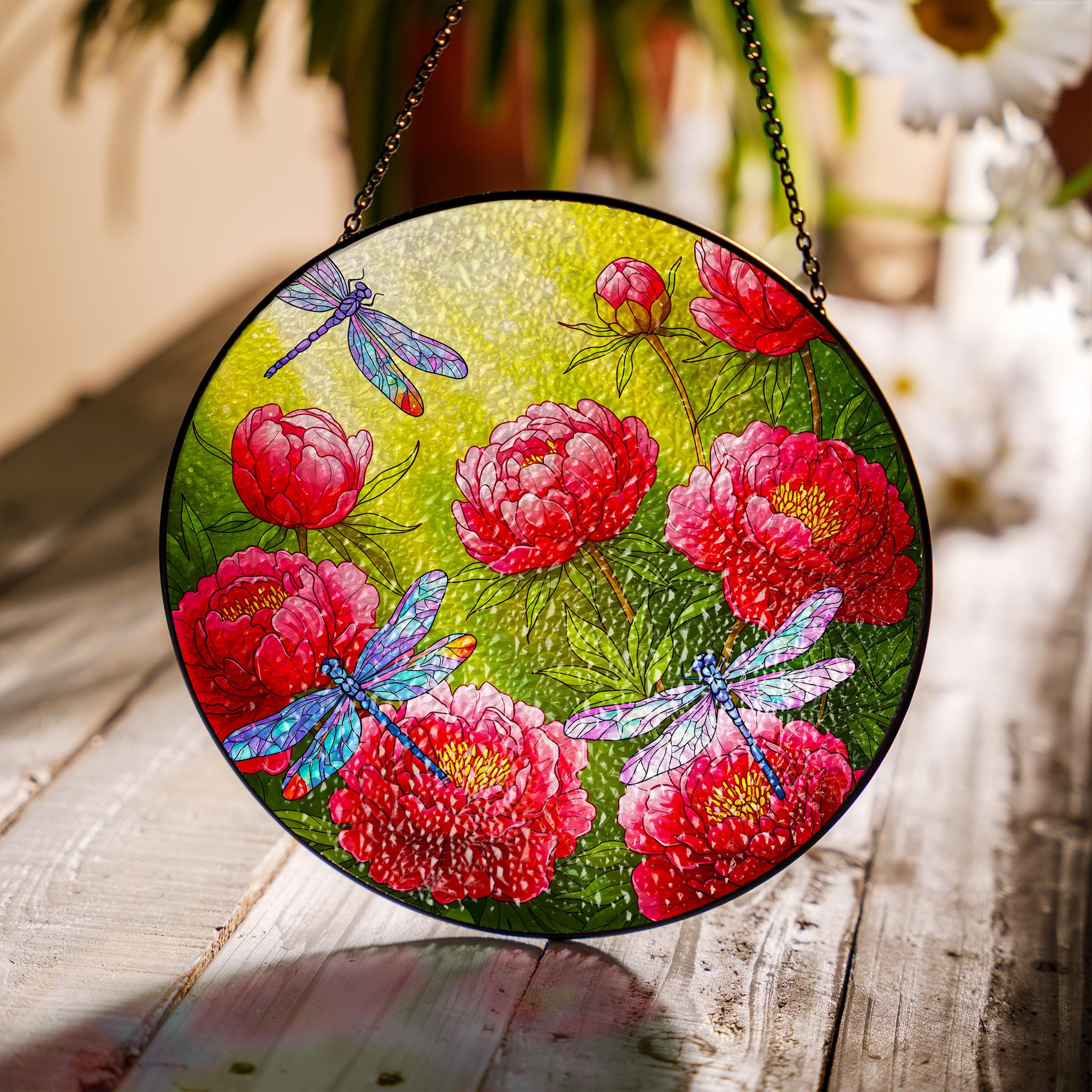 Peony & Dragonfly Glass Suncatcher, Vibrant Floral Window Hanging Decor, Unique Nature Lover Gift, Flower Lover, Gardener Gift, Gift For Mom