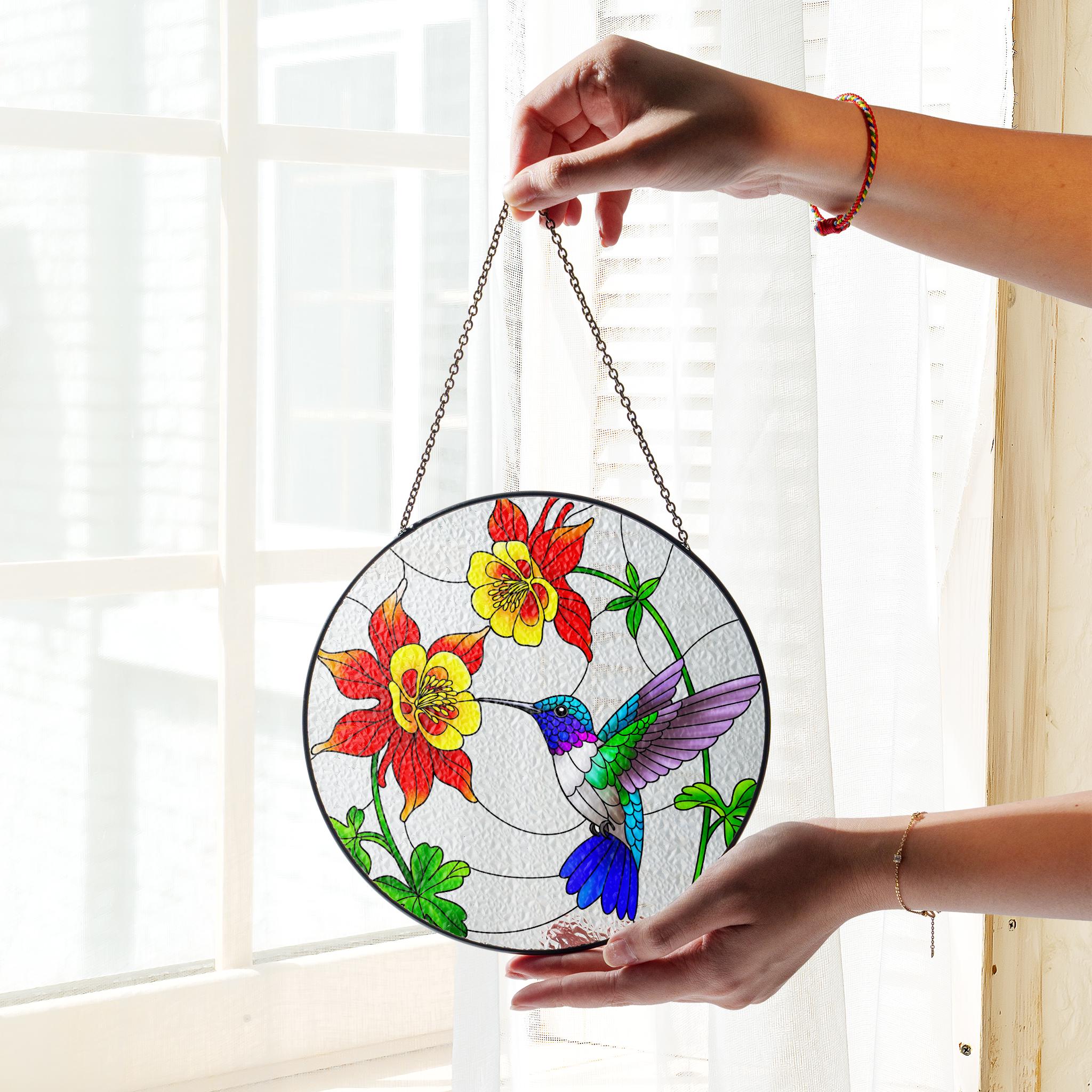 Hummingbird and Columbine Flowers Glass Suncatcher, Round Window Hanging, Colorful Bird Art, Nature Lover Gift, Home Decor, Gift For Her