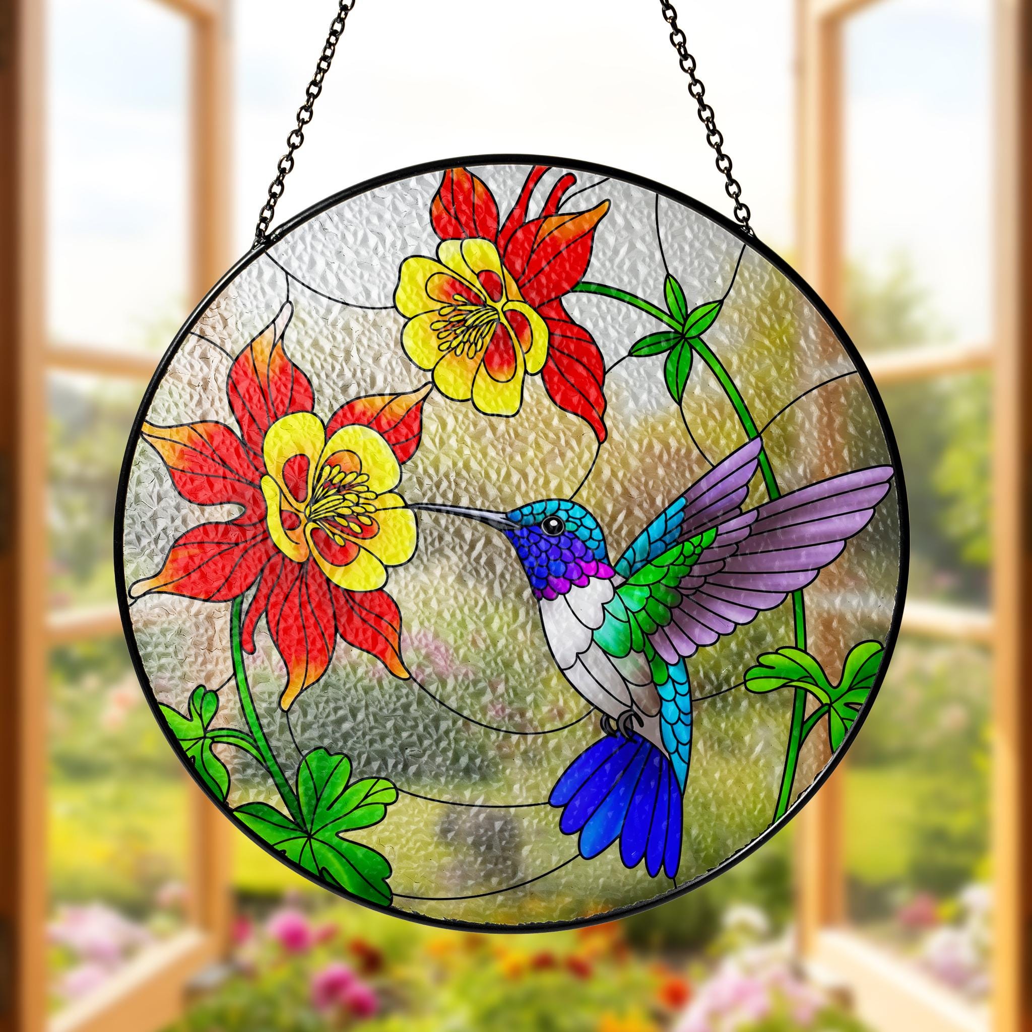 Hummingbird and Columbine Flowers Glass Suncatcher, Round Window Hanging, Colorful Bird Art, Nature Lover Gift, Home Decor, Gift For Her