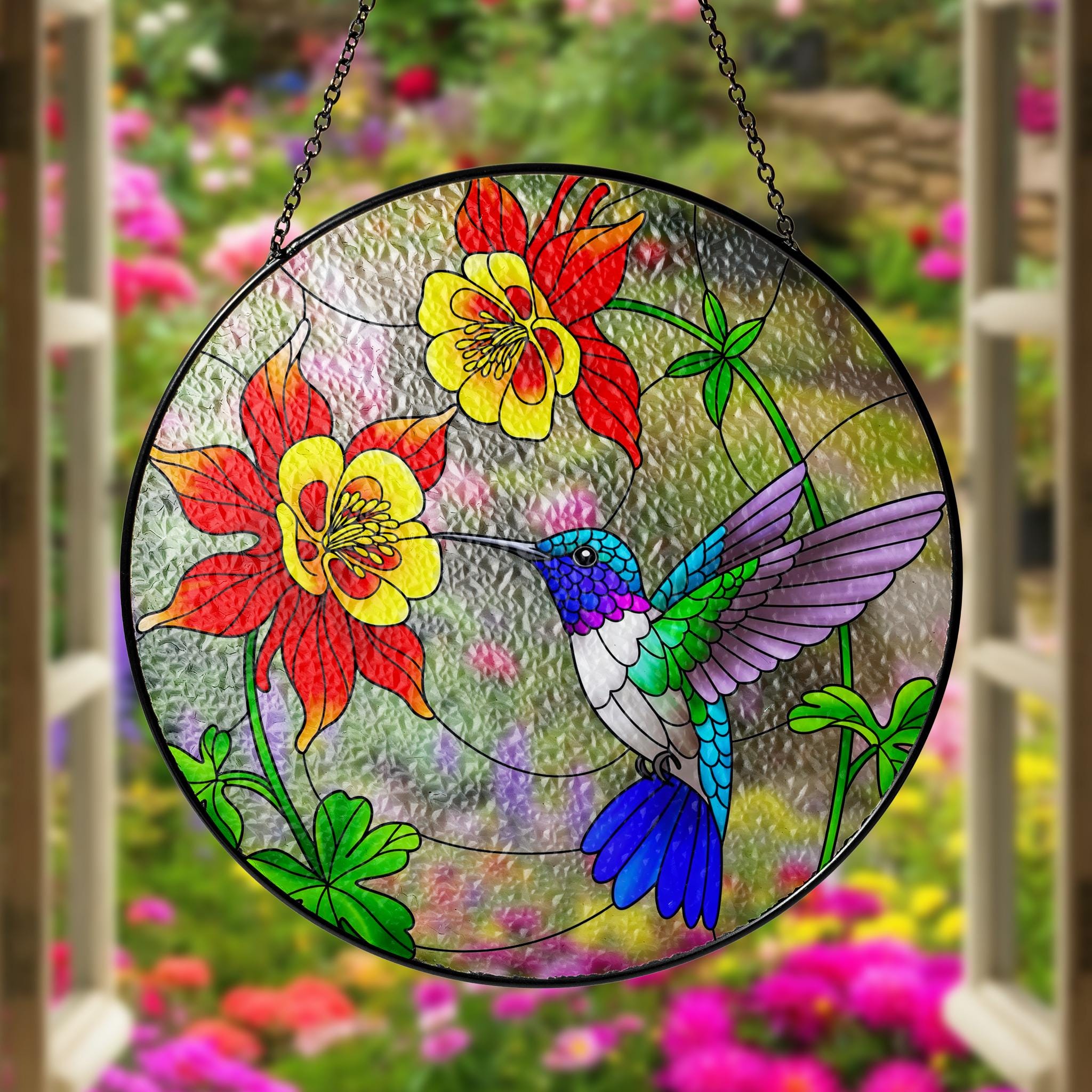 Hummingbird and Columbine Flowers Glass Suncatcher, Round Window Hanging, Colorful Bird Art, Nature Lover Gift, Home Decor, Gift For Her