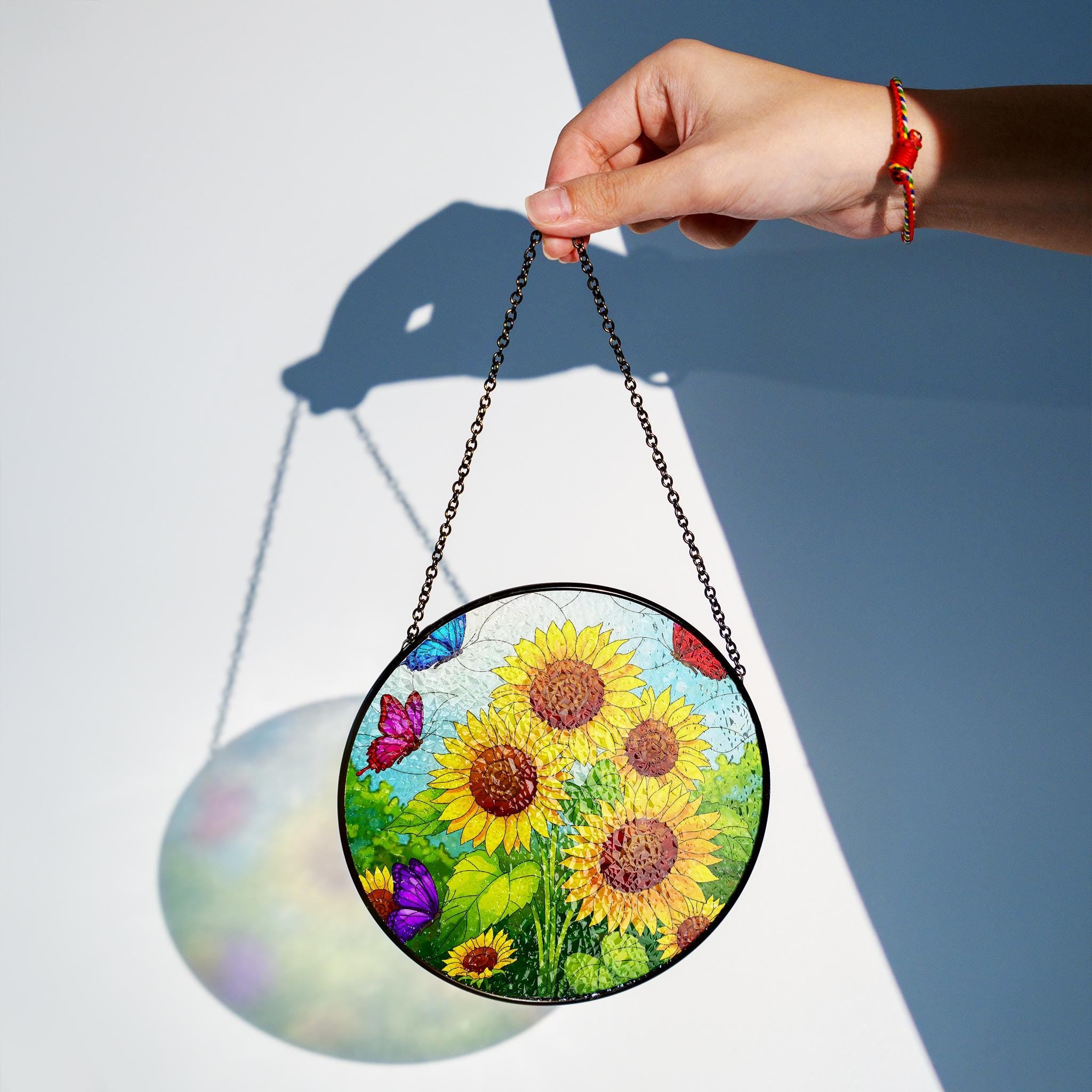 Vibrant Sunflower & Butterfly Glass Suncatcher, Handcrafted Nature Window Hanging Decor, Colorful Garden Art Gift for Home, Flower Lover