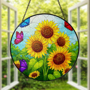 Vibrant Sunflower & Butterfly Glass Suncatcher, Handcrafted Nature Window Hanging Decor, Colorful Garden Art Gift for Home, Flower Lover