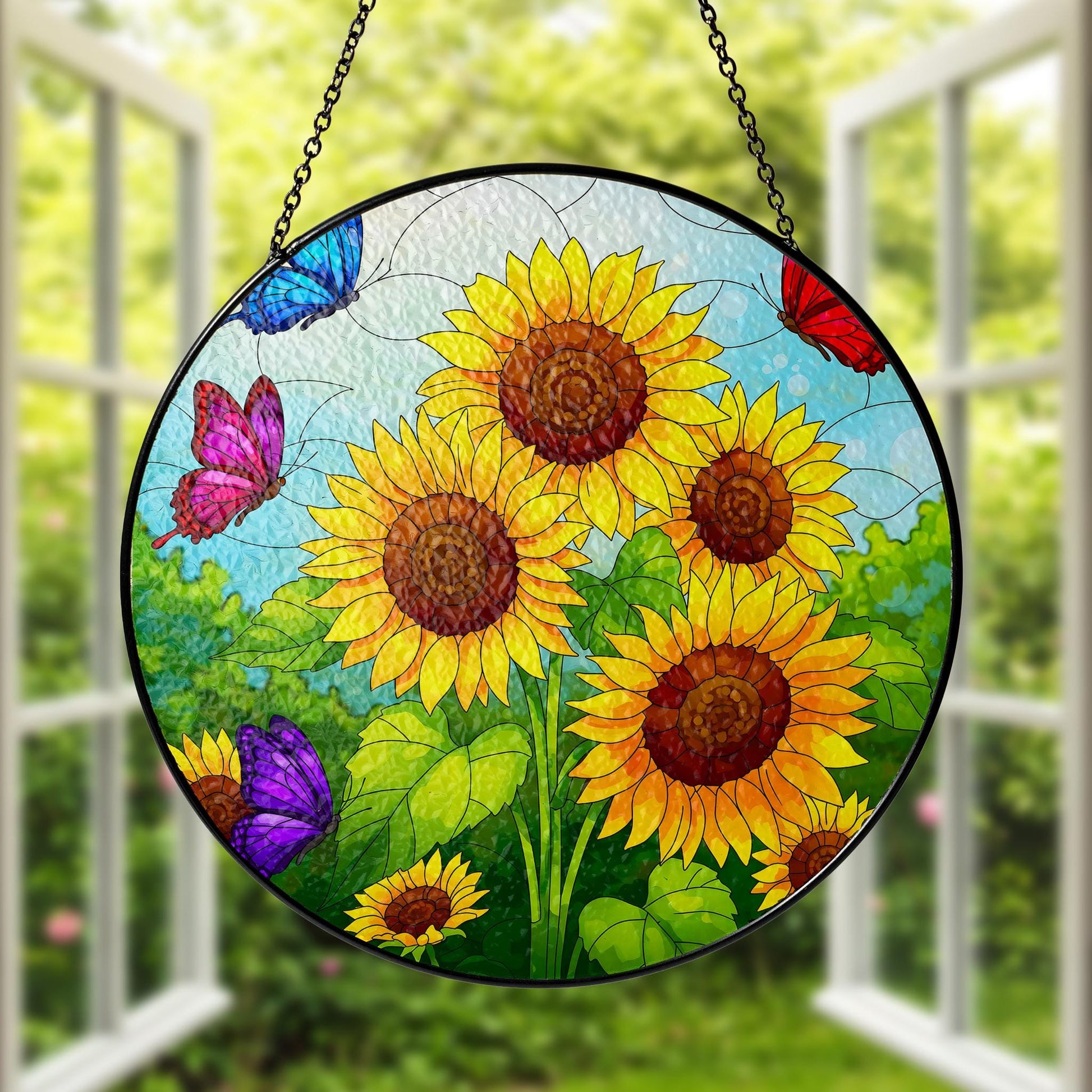 Vibrant Sunflower & Butterfly Glass Suncatcher, Handcrafted Nature Window Hanging Decor, Colorful Garden Art Gift for Home, Flower Lover