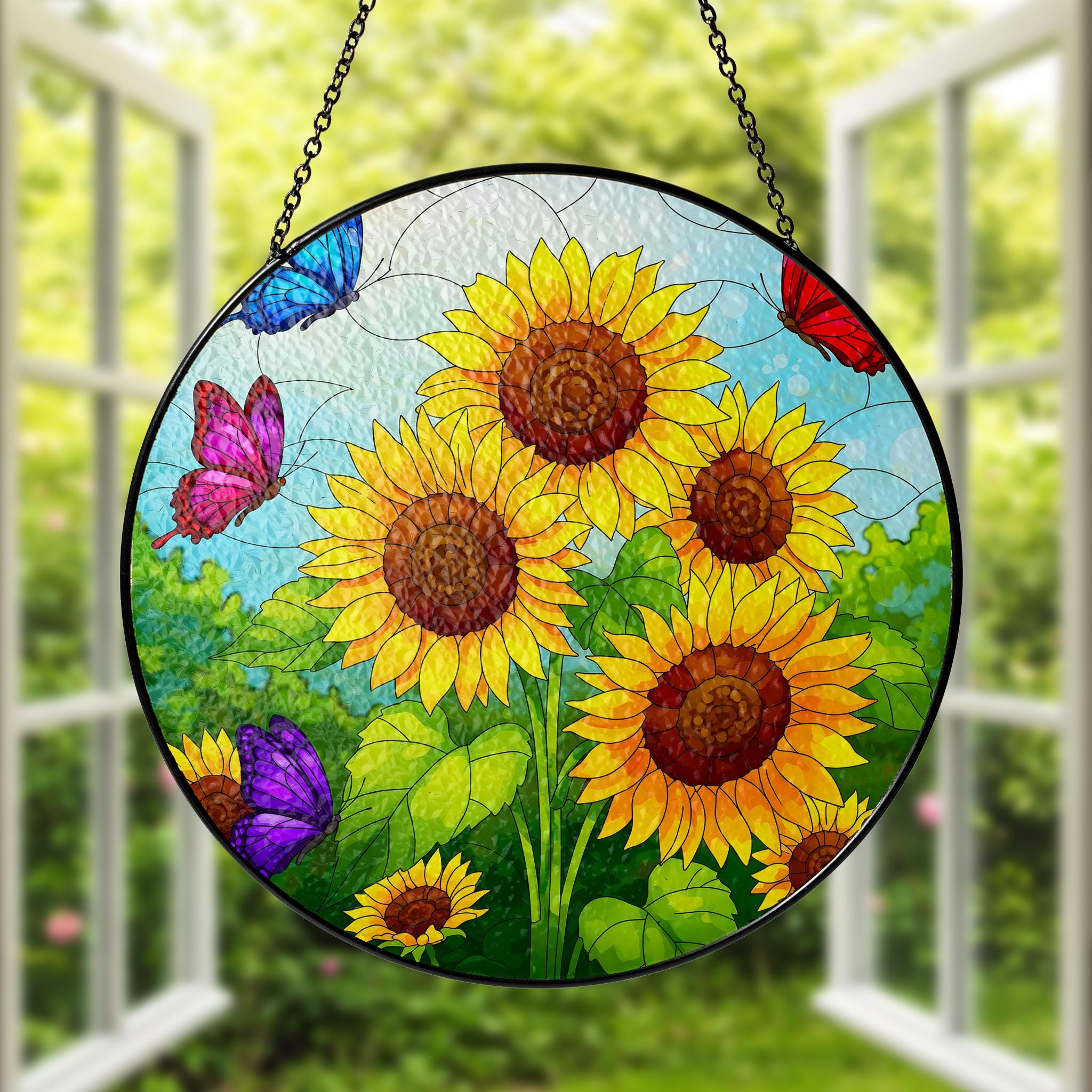 Vibrant Sunflower & Butterfly Glass Suncatcher, Handcrafted Nature Window Hanging Decor, Colorful Garden Art Gift for Home, Flower Lover