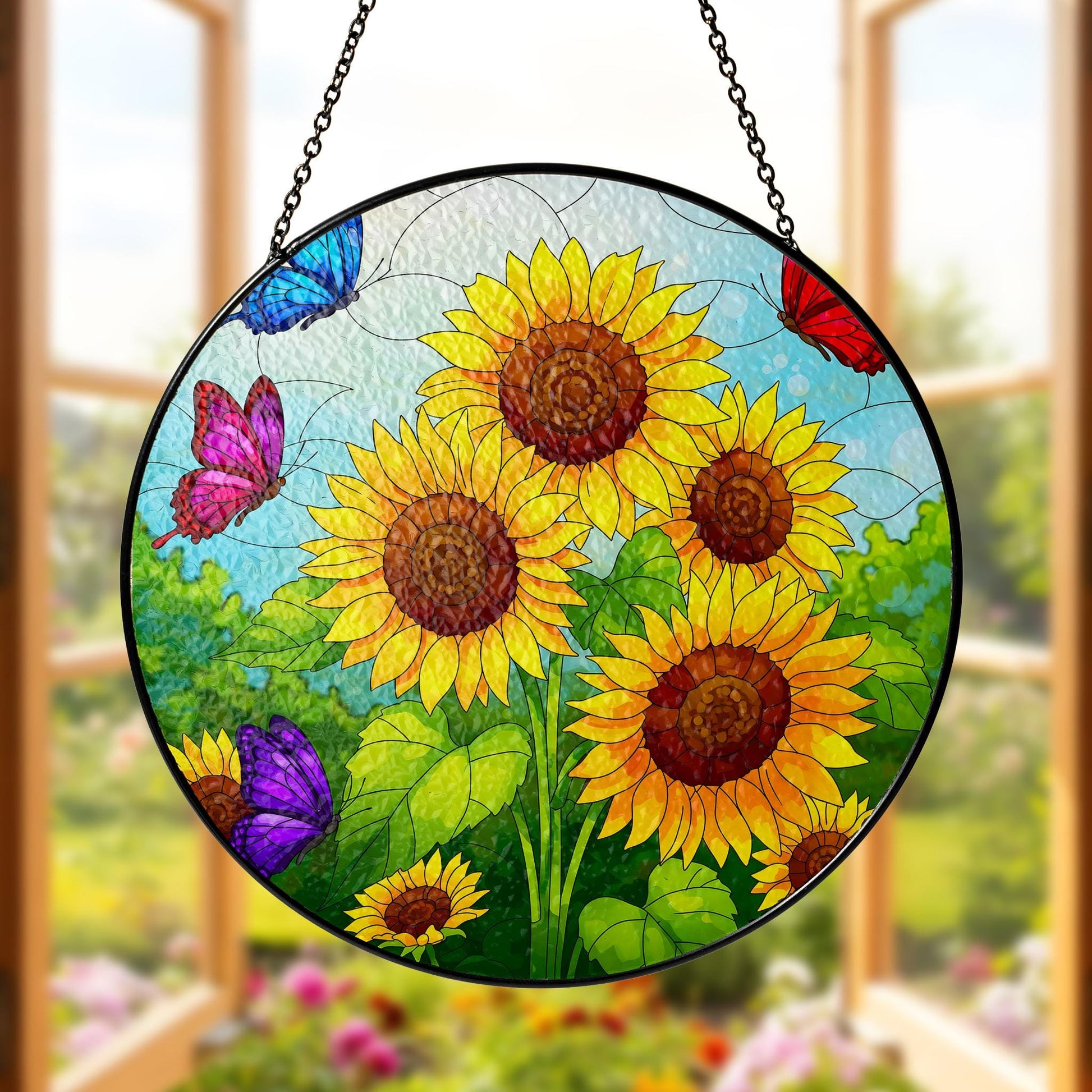 Vibrant Sunflower & Butterfly Glass Suncatcher, Handcrafted Nature Window Hanging Decor, Colorful Garden Art Gift for Home, Flower Lover