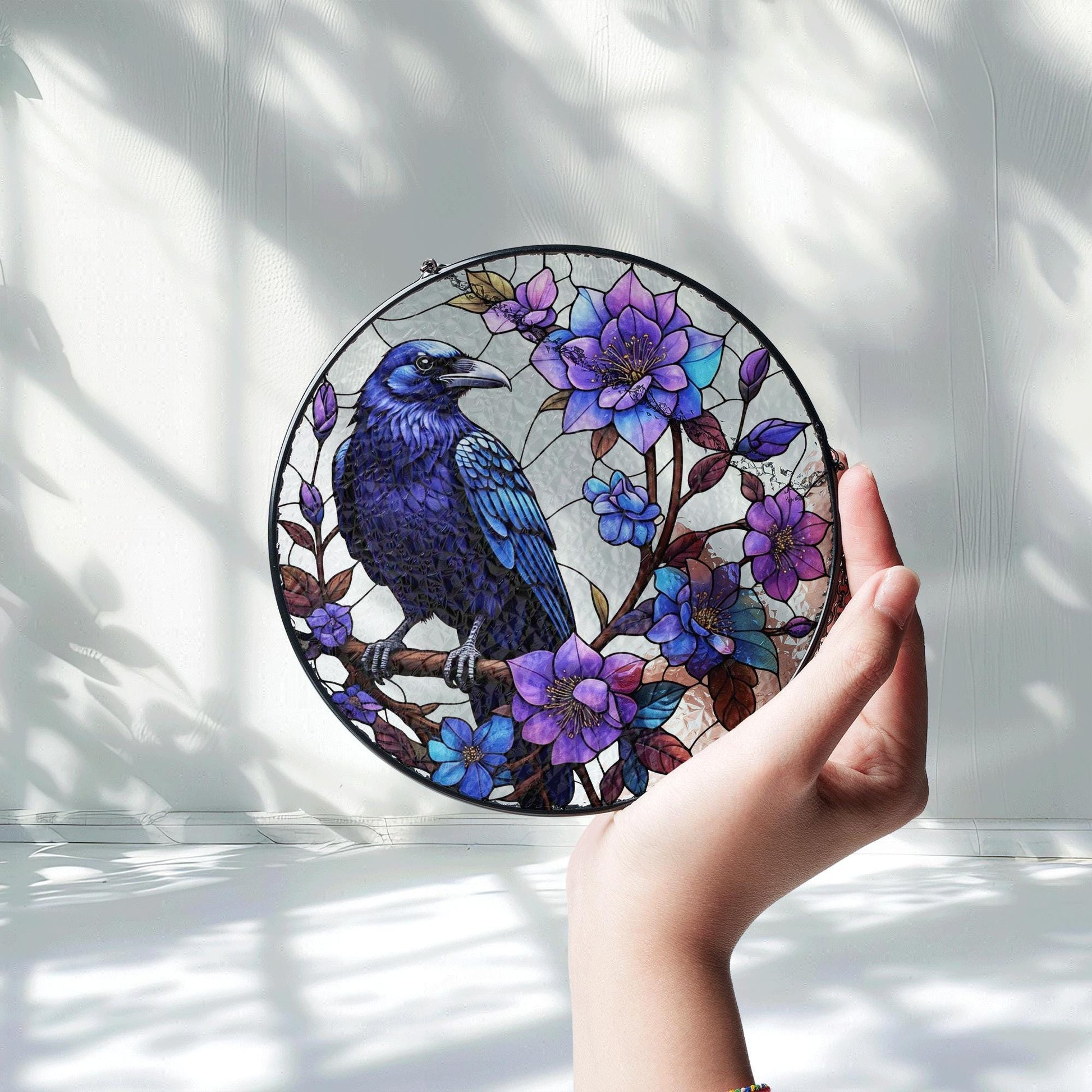 Raven & Clematis Flowers Suncatcher – Purple Floral Gothic Bird Window Decor, Crow Art Gift for Nature Lovers, Boho Home Accent