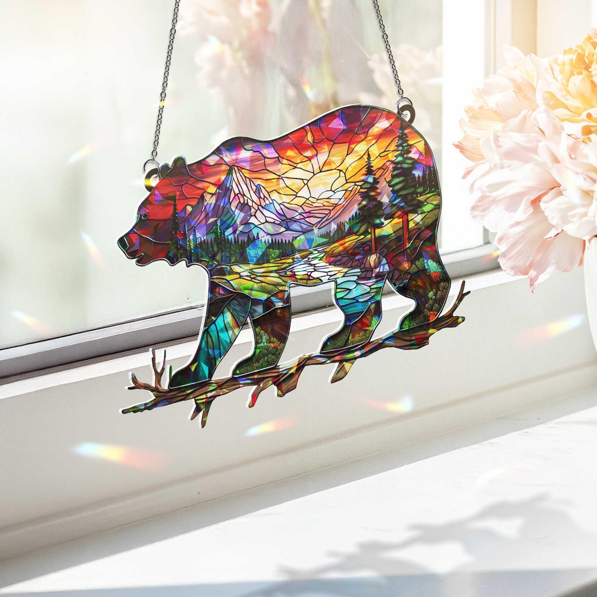Bear Mountain Forest Landscape Window Hanging, Rustic Cabin Decor, Nature Light Catcher