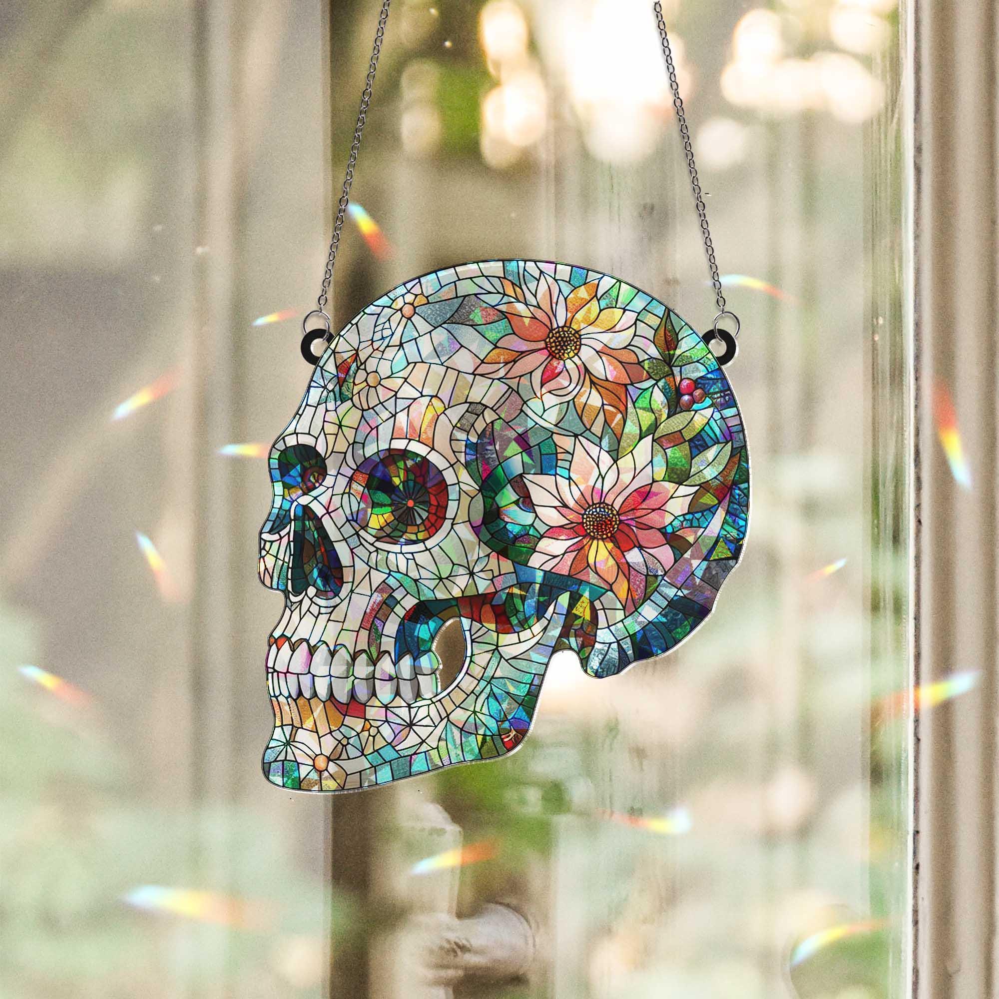 Floral Skull Hologram Gothic Window Hanging, Day of the Dead Decor, Boho Skull Light Catcher Art, Window Decor Art