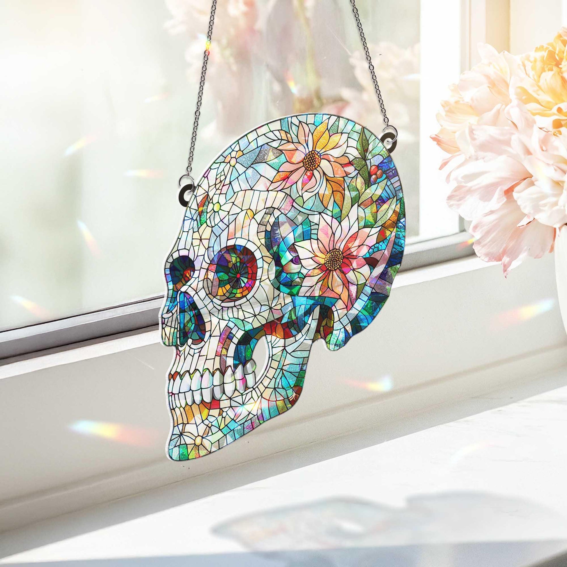 Floral Skull Hologram Gothic Window Hanging, Day of the Dead Decor, Boho Skull Light Catcher Art, Window Decor Art