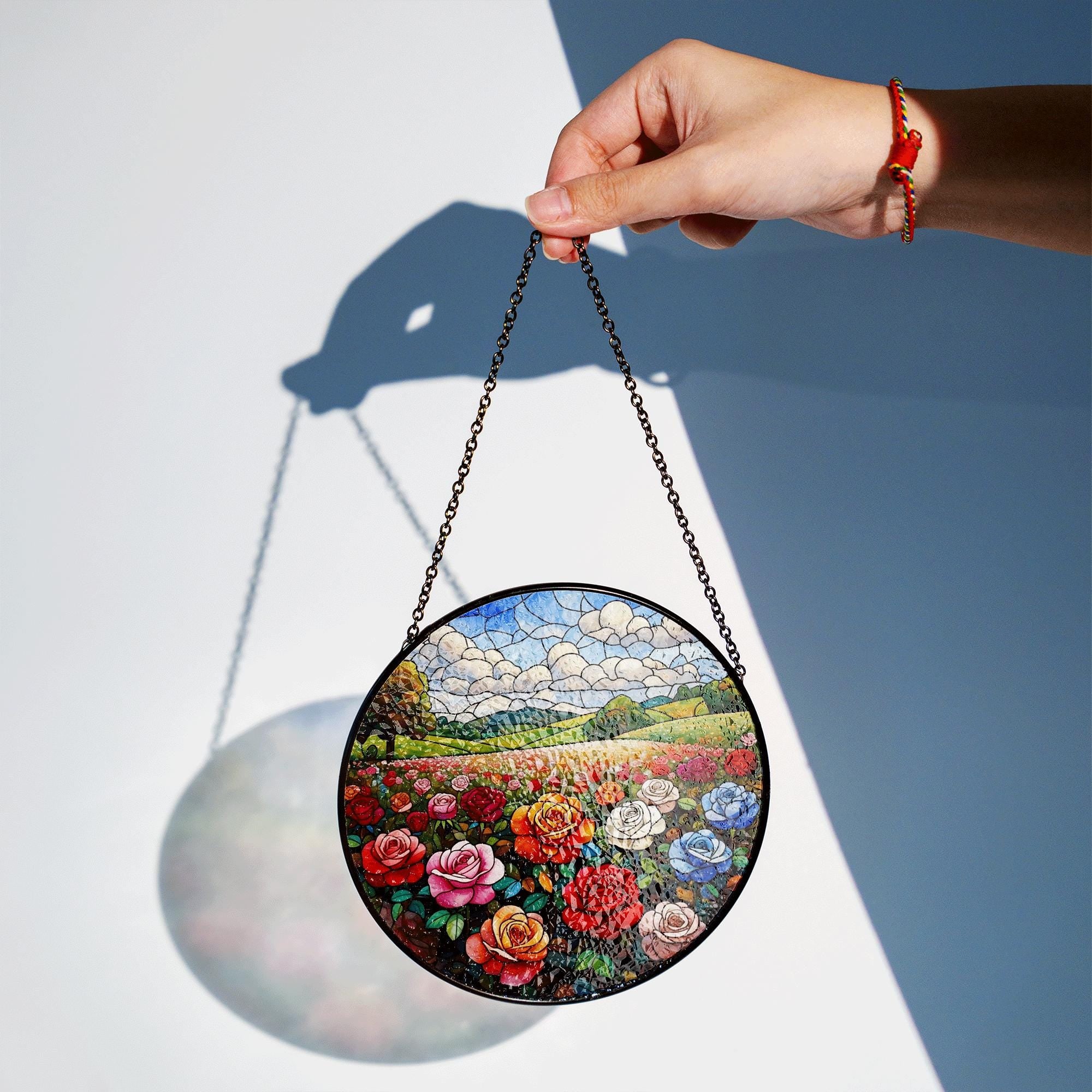 Glass Suncatcher with Rose Field Landscape – Colorful Stained Glass Style Window Hanging Art, Floral Garden Decor Gift for Nature Lovers