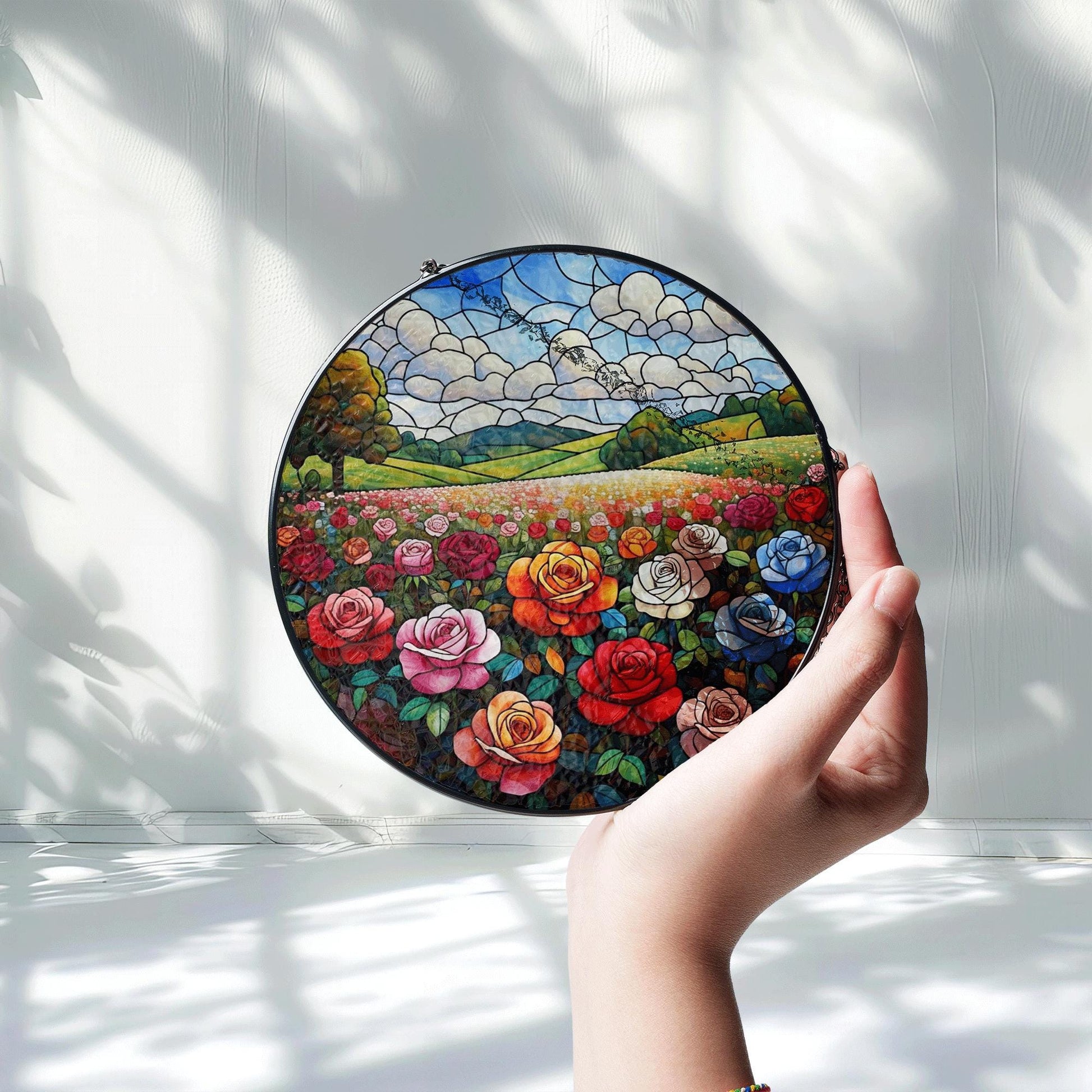 Glass Suncatcher with Rose Field Landscape – Colorful Stained Glass Style Window Hanging Art, Floral Garden Decor Gift for Nature Lovers