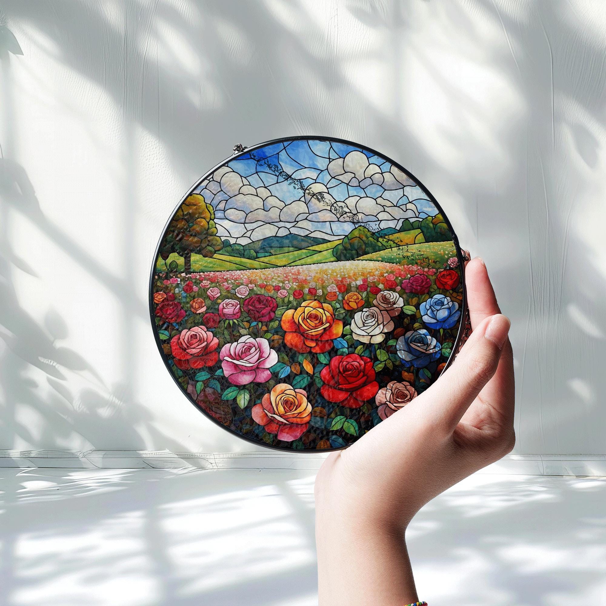 Glass Suncatcher with Rose Field Landscape – Colorful Stained Glass Style Window Hanging Art, Floral Garden Decor Gift for Nature Lovers
