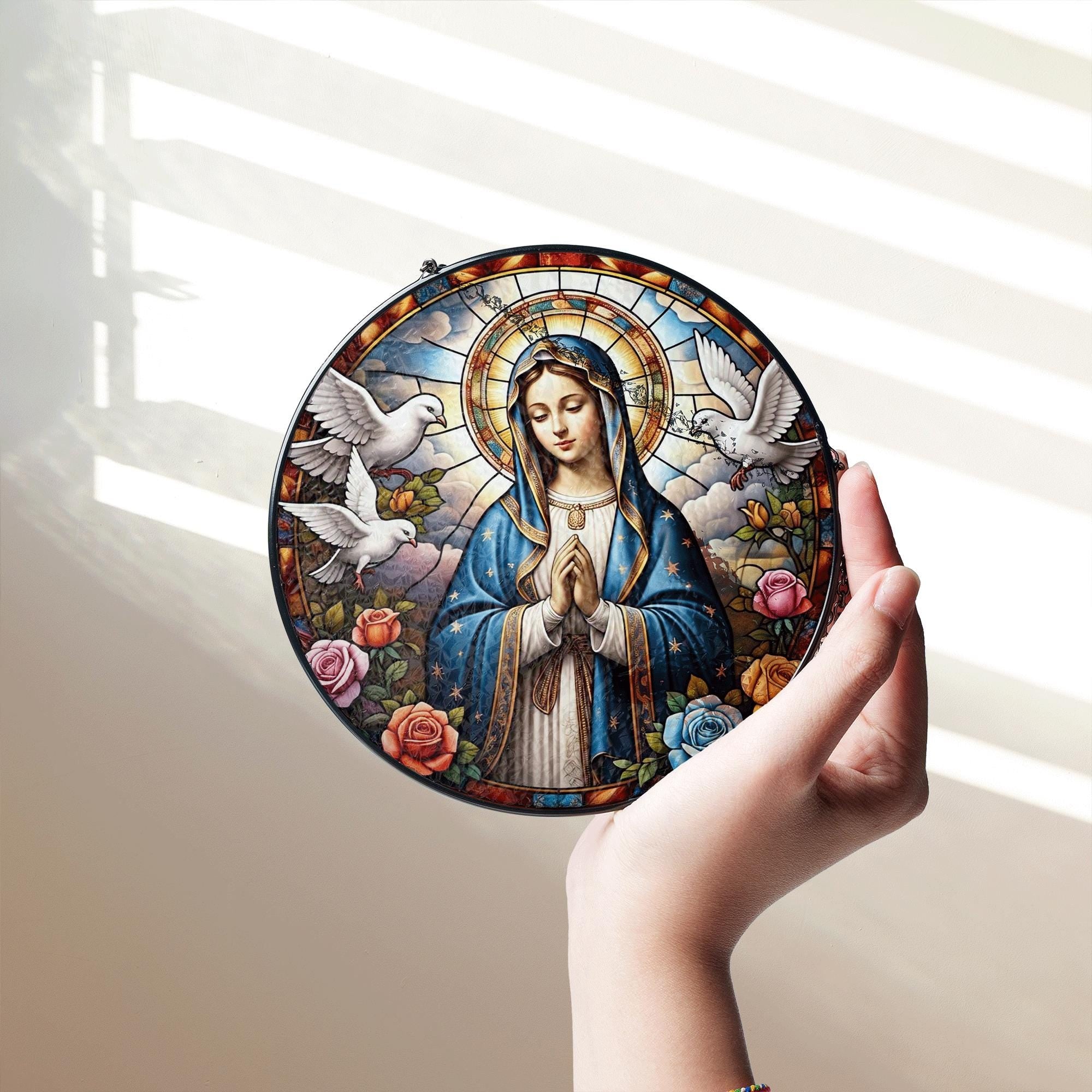 Virgin Mary Glass Suncatcher – Religious Stained Glass Style Window Hanging, Catholic Gift, Christian Home Decor, Blessed Mother Art