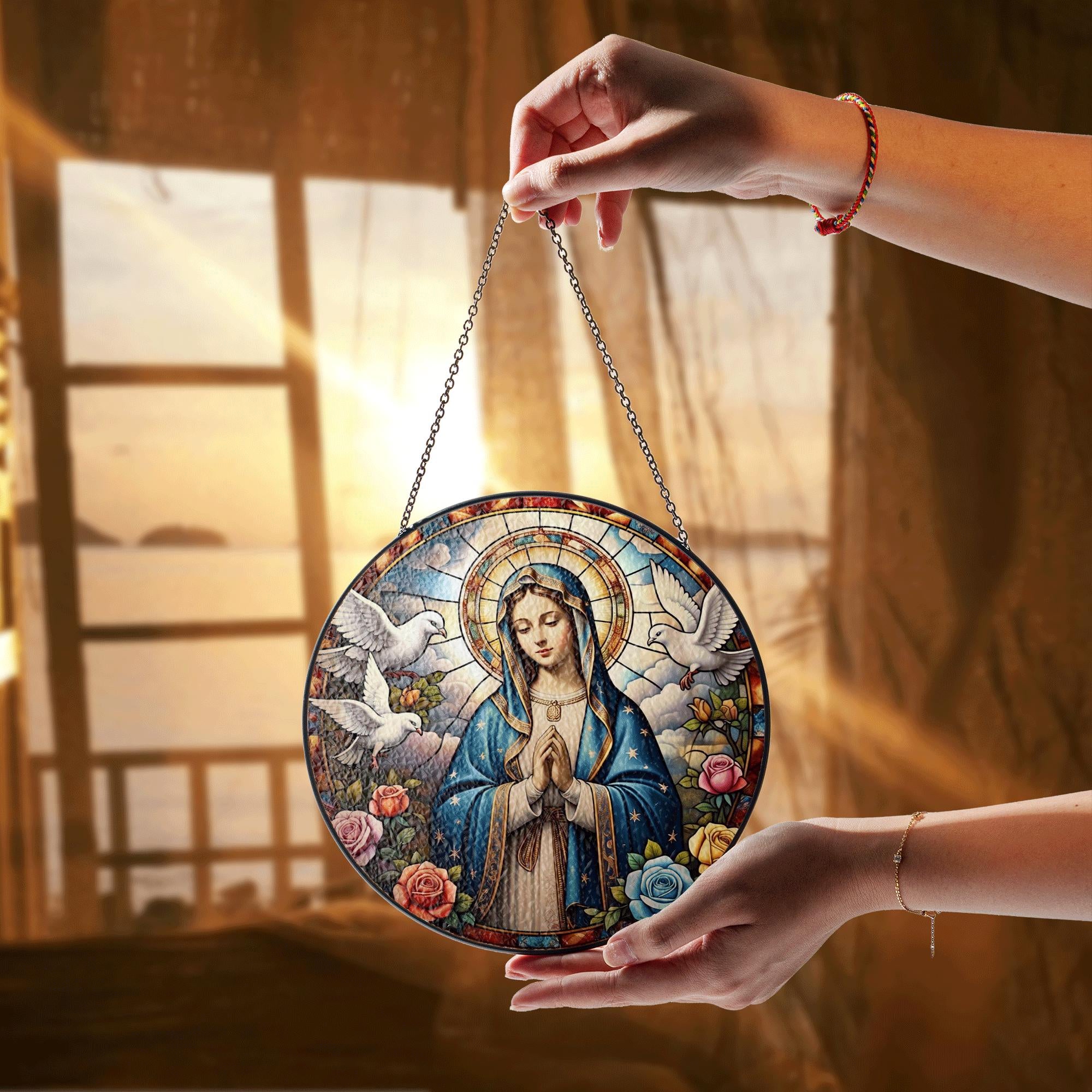 Virgin Mary Glass Suncatcher – Religious Stained Glass Style Window Hanging, Catholic Gift, Christian Home Decor, Blessed Mother Art