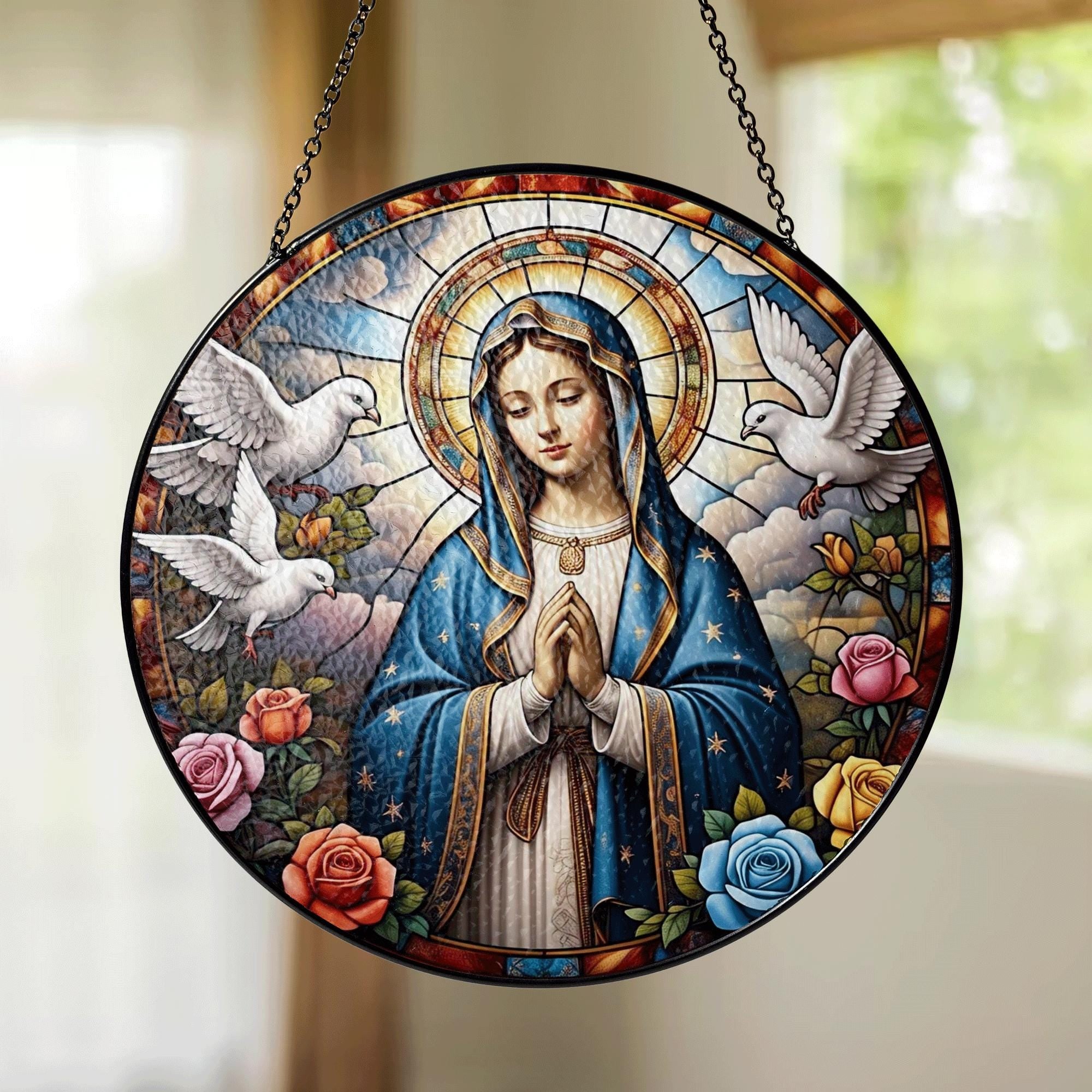 Virgin Mary Glass Suncatcher – Religious Stained Glass Style Window Hanging, Catholic Gift, Christian Home Decor, Blessed Mother Art