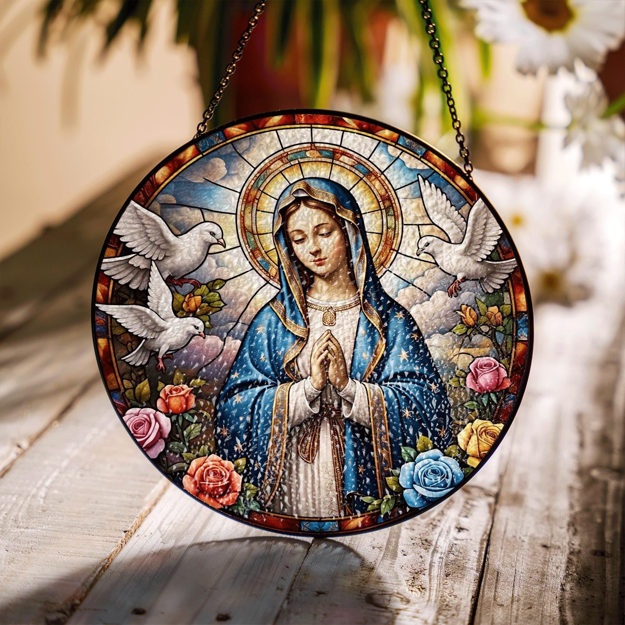 Virgin Mary Glass Suncatcher – Religious Stained Glass Style Window Hanging, Catholic Gift, Christian Home Decor, Blessed Mother Art