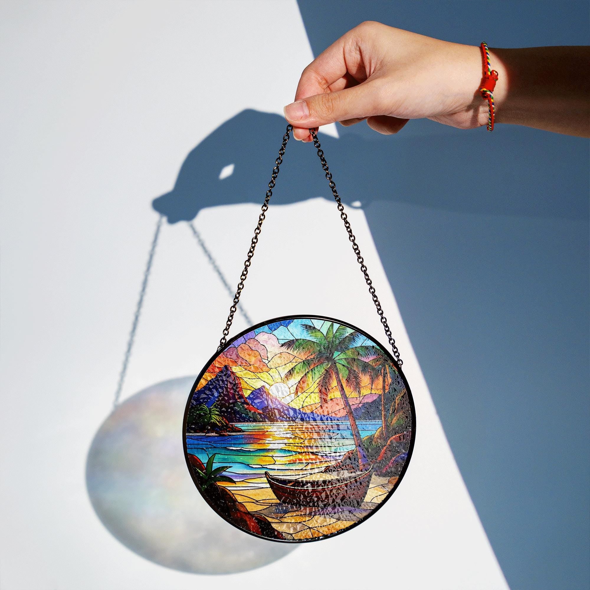 Tropical Sunset Glass Suncatcher – Palm Tree Beach Scene with Boat, Stained Glass Style Window Hanging, Ocean Summer Home Decor