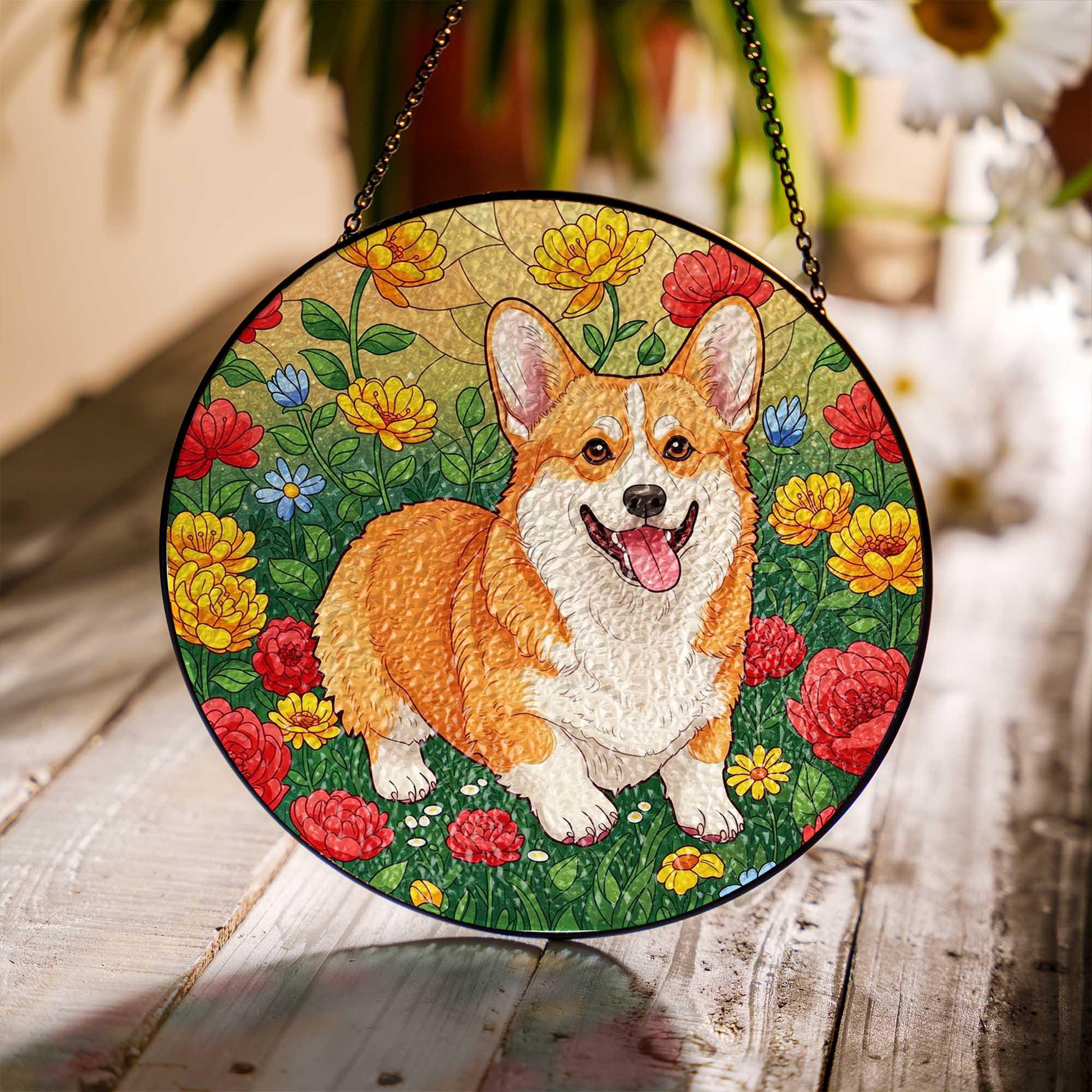 Corgi Dog Glass Suncatcher – Stained Glass Style Round Pet Window Hanging, Cute Floral Puppy Decor, Dog Lover Gift for Home or Garden