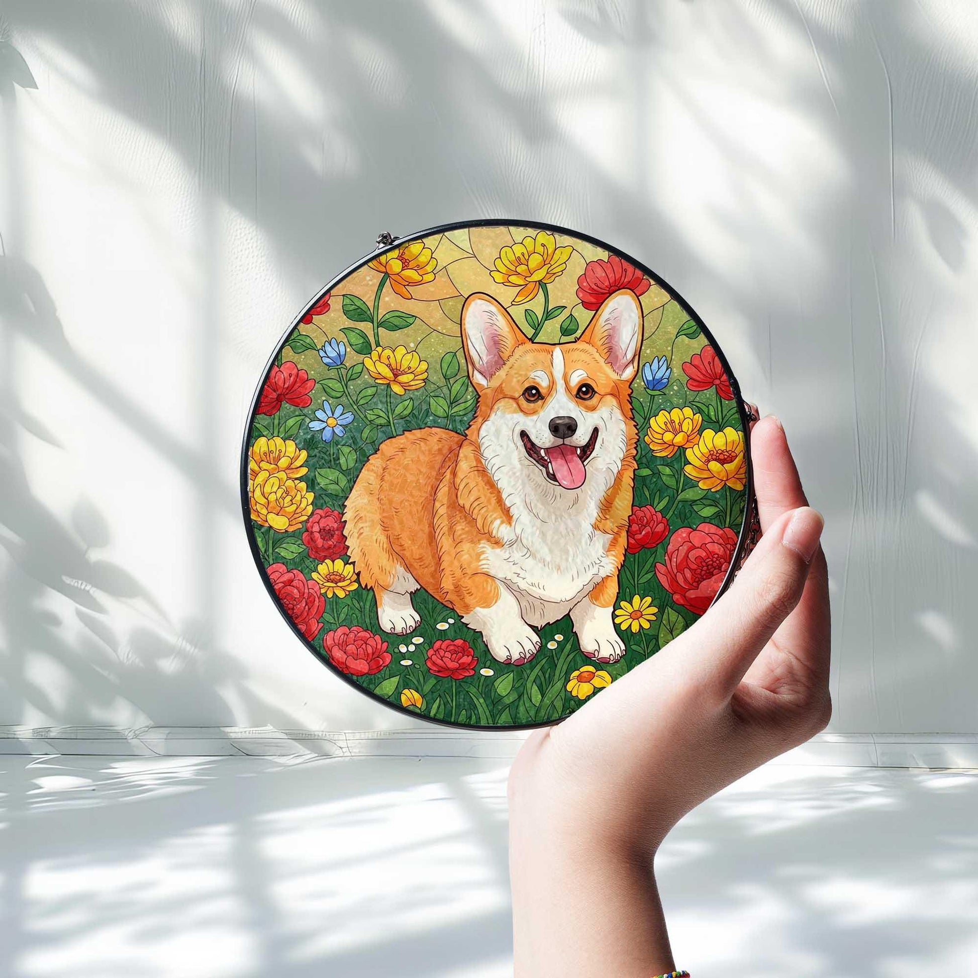 Corgi Dog Glass Suncatcher – Stained Glass Style Round Pet Window Hanging, Cute Floral Puppy Decor, Dog Lover Gift for Home or Garden