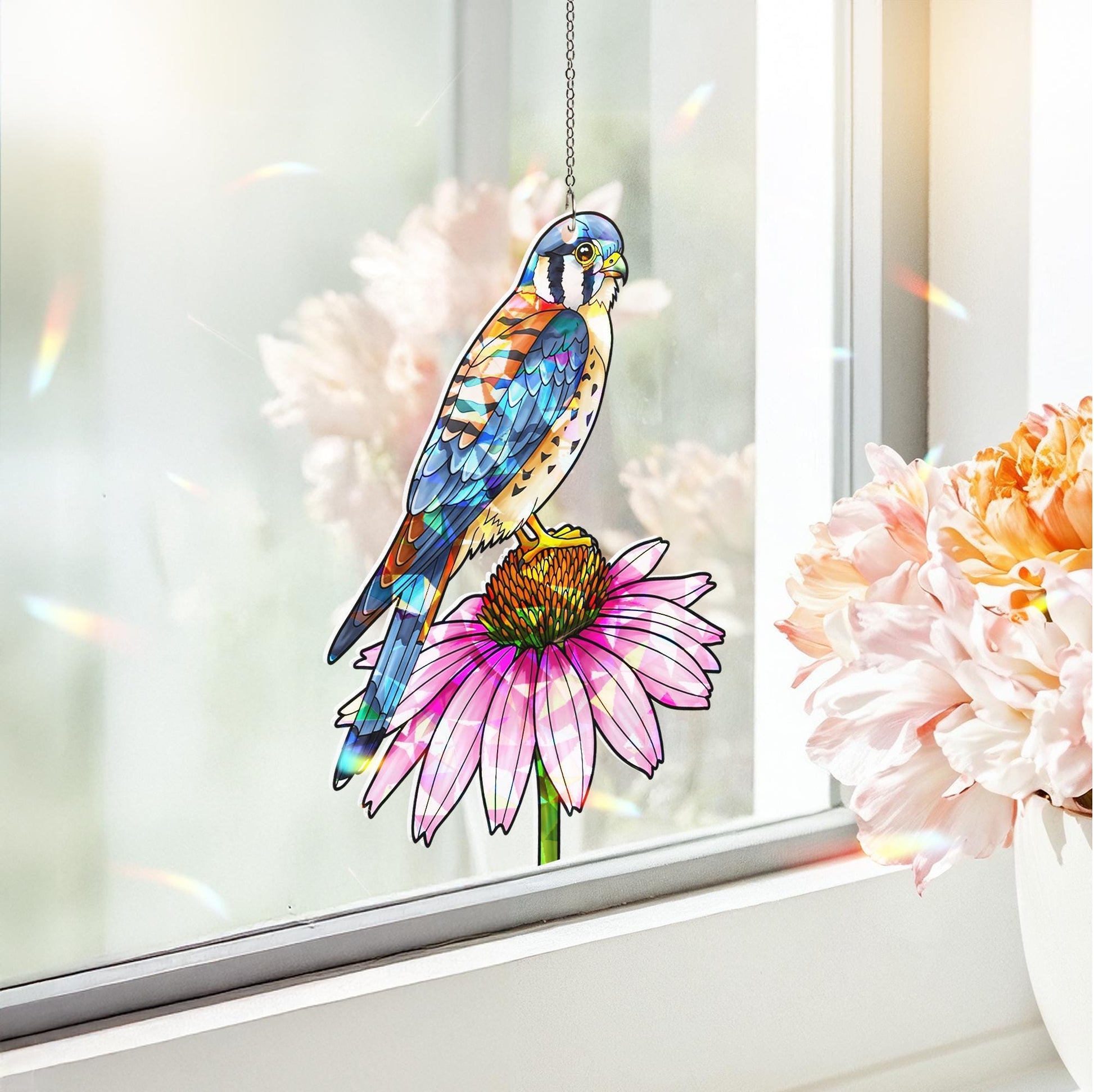 American Kestrel and Pink Coneflower Suncatcher | Holographic Acrylic Window Hanging |Cottagecore Garden Gift | Birdwatcher Lover Gift