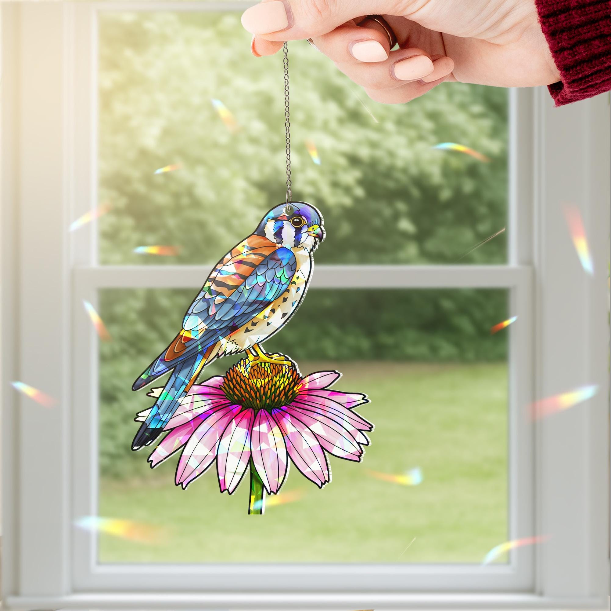 American Kestrel and Pink Coneflower Suncatcher | Holographic Acrylic Window Hanging |Cottagecore Garden Gift | Birdwatcher Lover Gift
