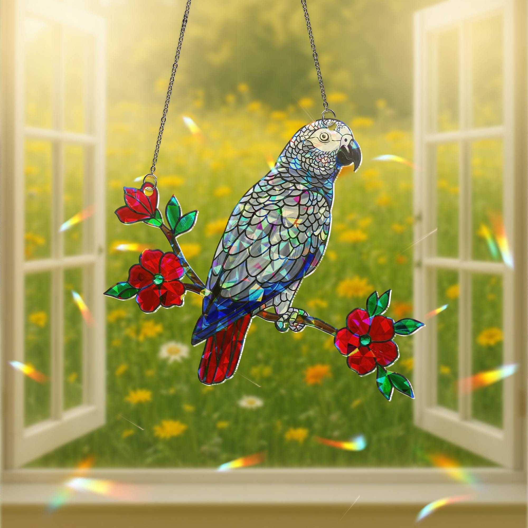 African Grey Parrot Suncatcher | Holographic Acrylic Window Hanging  |  Sun Catcher Gift for Bird Lovers | Parrot Rainbow Window Decor
