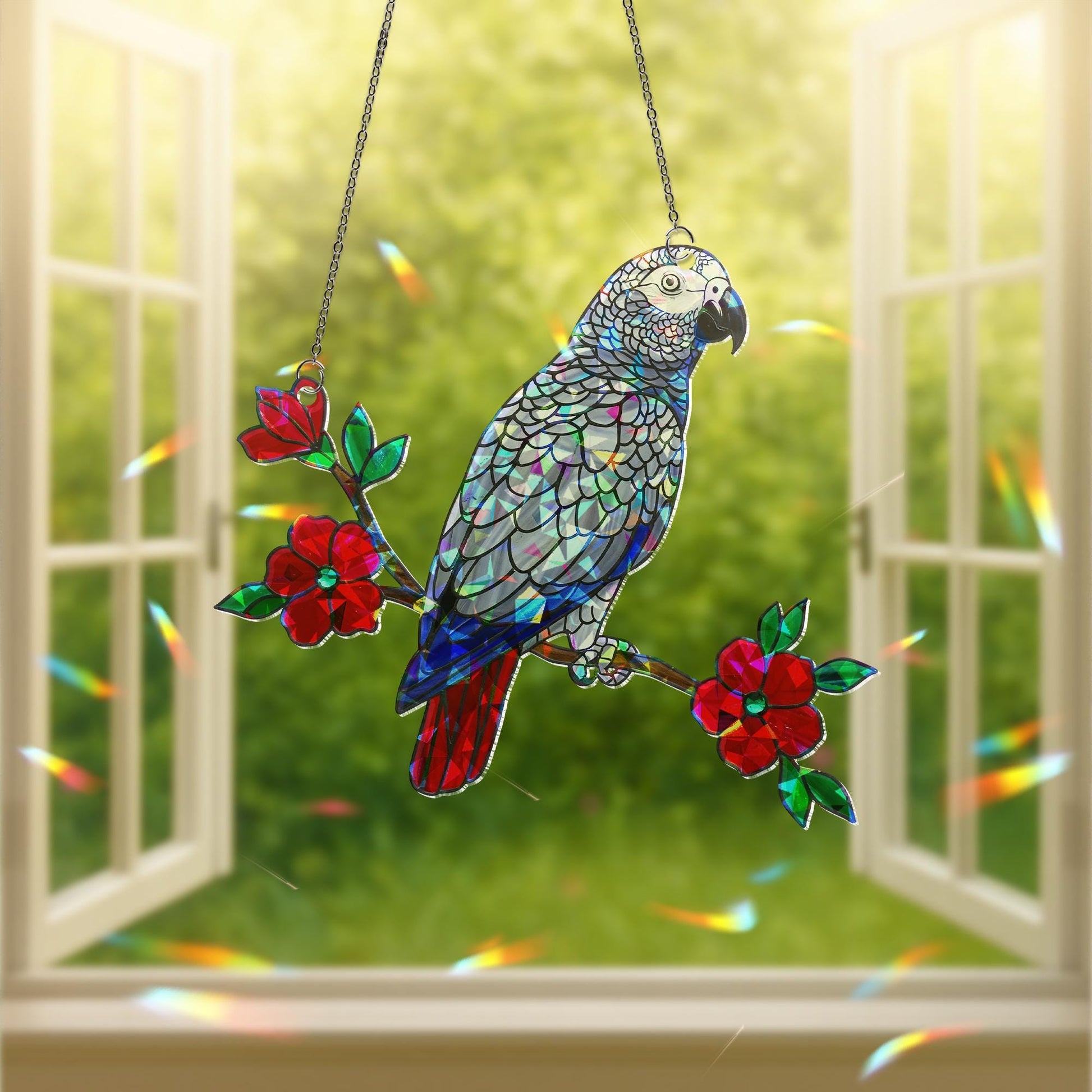 African Grey Parrot Suncatcher | Holographic Acrylic Window Hanging  |  Sun Catcher Gift for Bird Lovers | Parrot Rainbow Window Decor