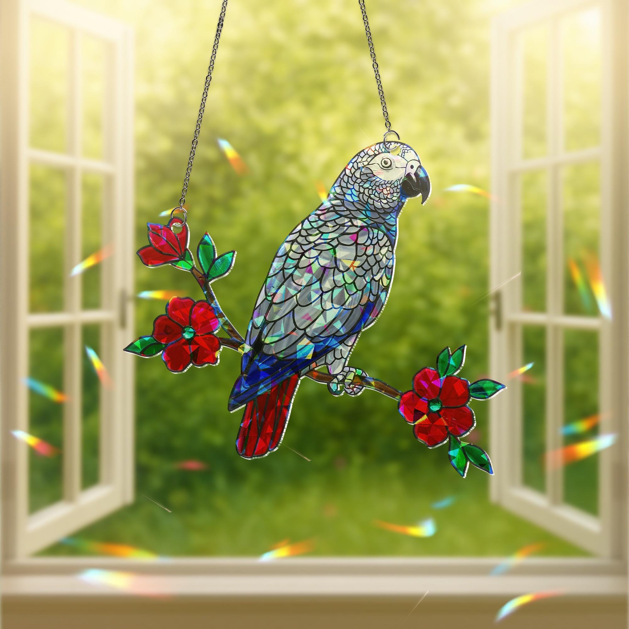 African Grey Parrot Suncatcher | Holographic Acrylic Window Hanging  |  Sun Catcher Gift for Bird Lovers | Parrot Rainbow Window Decor