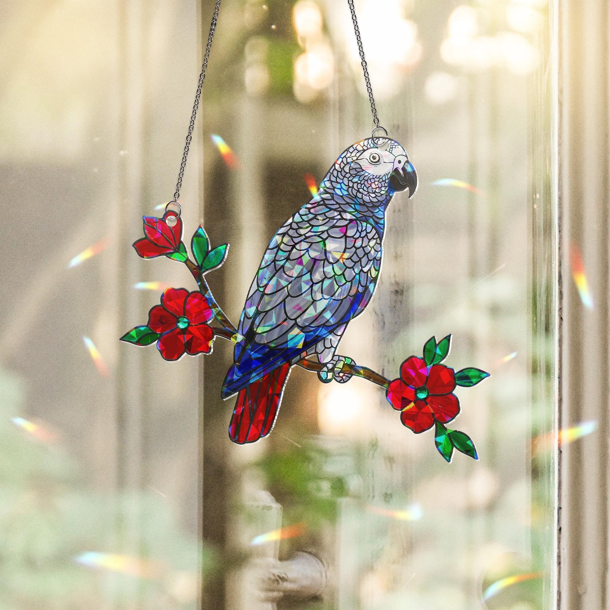 African Grey Parrot Suncatcher | Holographic Acrylic Window Hanging  |  Sun Catcher Gift for Bird Lovers | Parrot Rainbow Window Decor