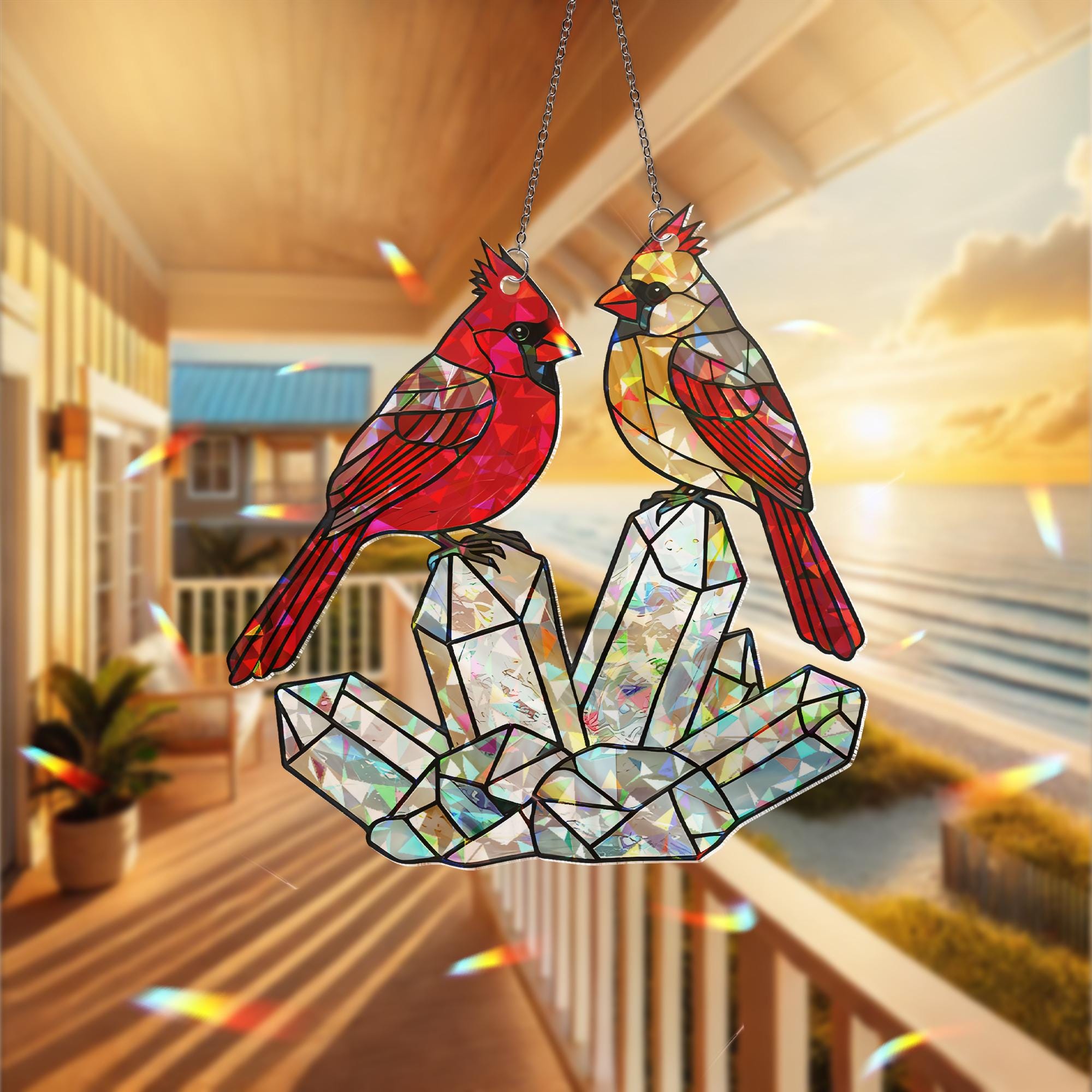 Cardinal Couple ACRYLIC Hologram Decor, Crystal Hologram Decor,Bird Lover Decor,Memorial Gift, Red Bird Ornament, Cardinal and Crystal Decor