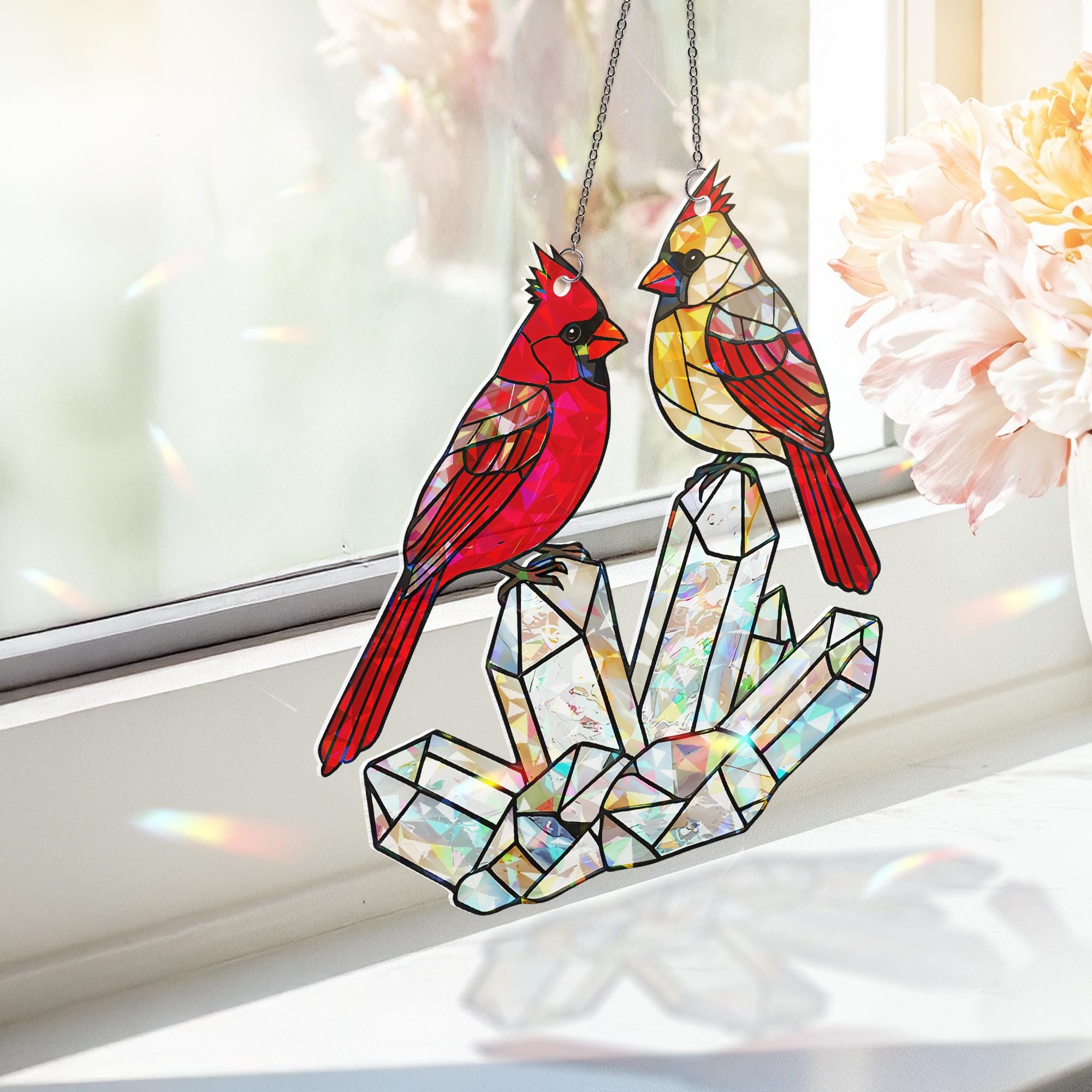 Cardinal Couple ACRYLIC Hologram Decor, Crystal Hologram Decor,Bird Lover Decor,Memorial Gift, Red Bird Ornament, Cardinal and Crystal Decor