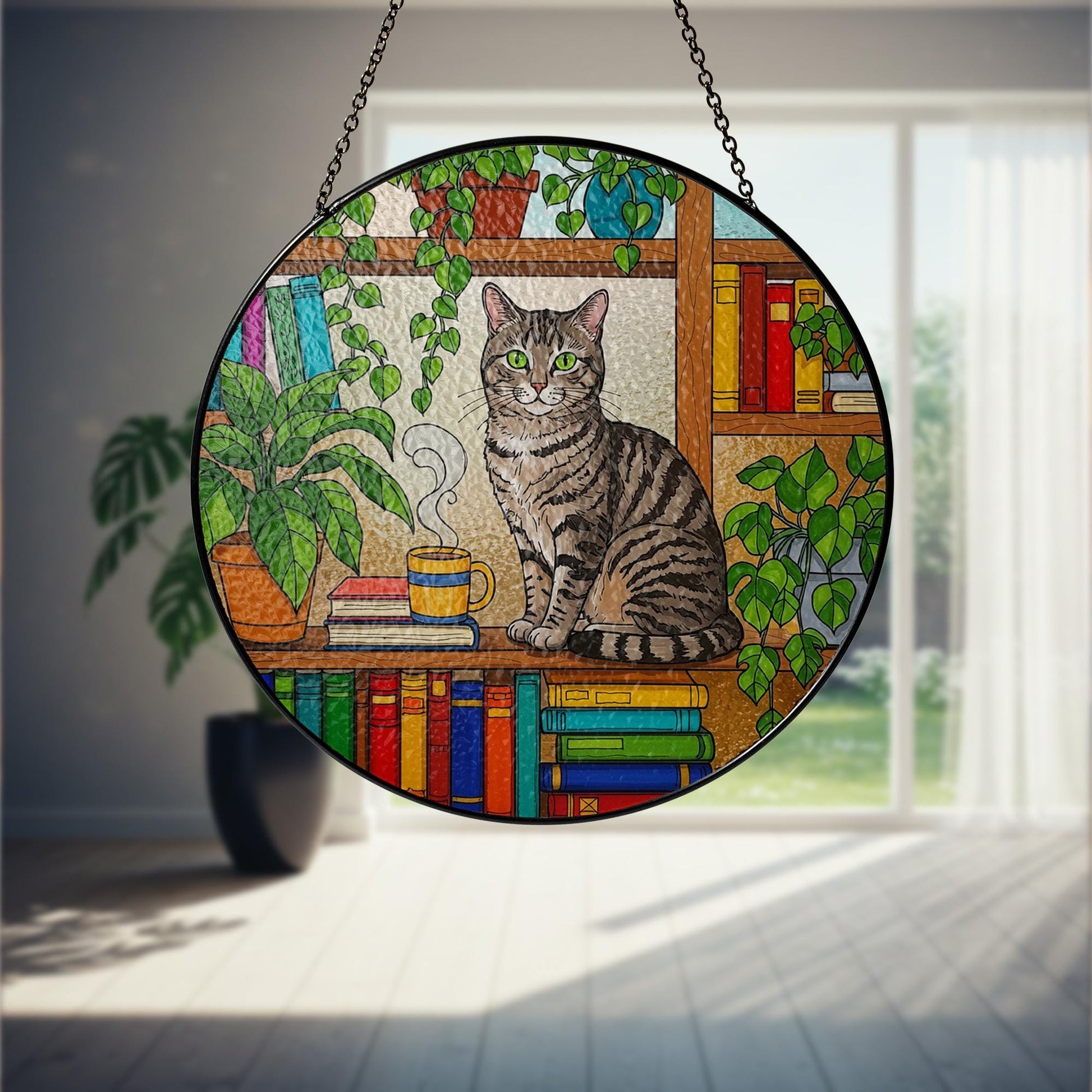 Tabby Cat GLASS Suncatcher, Tabby Cat Sitting On Bookshelf Decor, Window Hanging with Houseplants, Cat Lover Gift,  Book Lover Gift