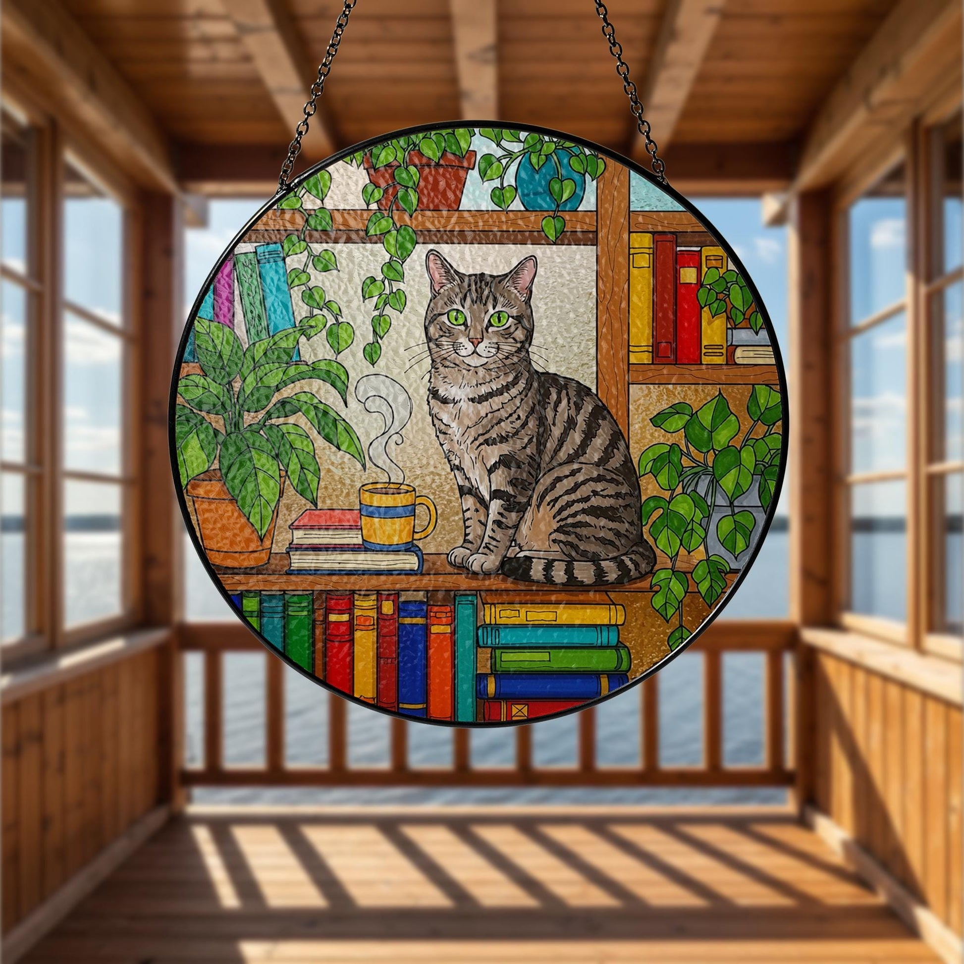 Tabby Cat GLASS Suncatcher, Tabby Cat Sitting On Bookshelf Decor, Window Hanging with Houseplants, Cat Lover Gift,  Book Lover Gift