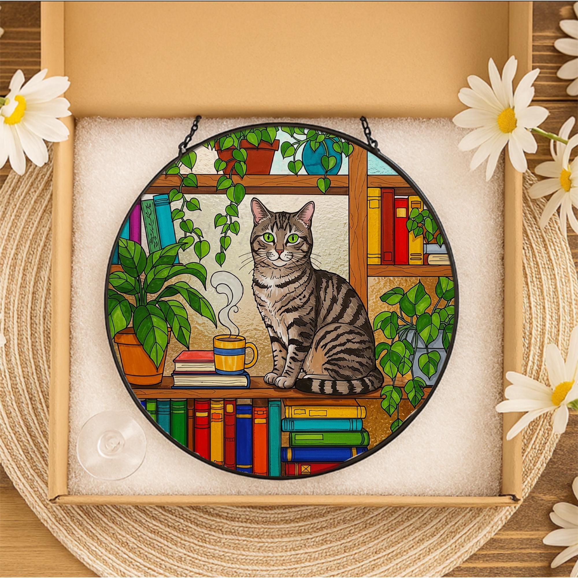 Tabby Cat GLASS Suncatcher, Tabby Cat Sitting On Bookshelf Decor, Window Hanging with Houseplants, Cat Lover Gift,  Book Lover Gift