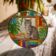 Tabby Cat GLASS Suncatcher, Tabby Cat Sitting On Bookshelf Decor, Window Hanging with Houseplants, Cat Lover Gift,  Book Lover Gift