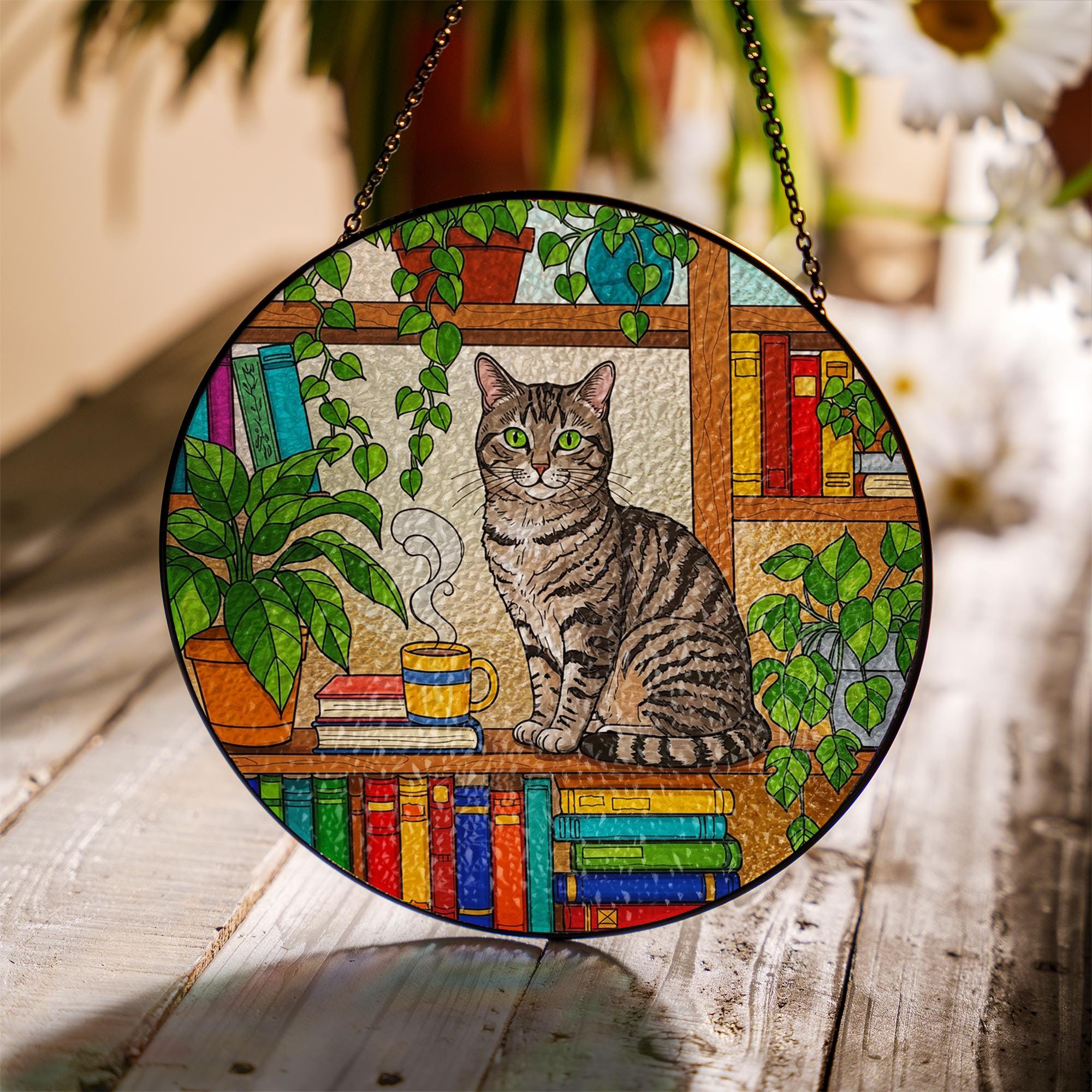 Tabby Cat GLASS Suncatcher, Tabby Cat Sitting On Bookshelf Decor, Window Hanging with Houseplants, Cat Lover Gift,  Book Lover Gift