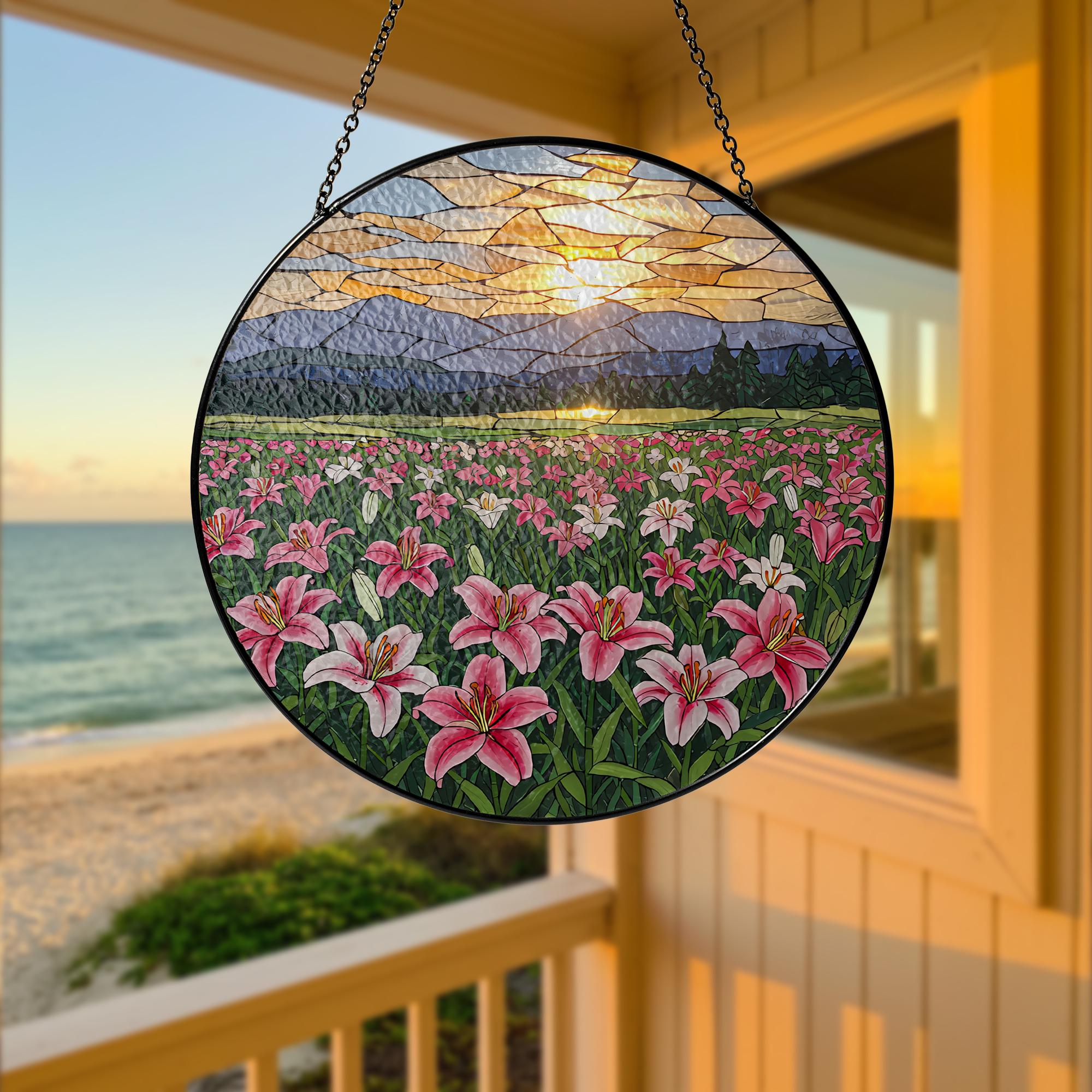 Stargazer Lily Flower Field Glass Suncatcher, Floral Window Decor, Garden Sun Catcher, Flower Lover Gift, Home Decor, Flower Lover Gift