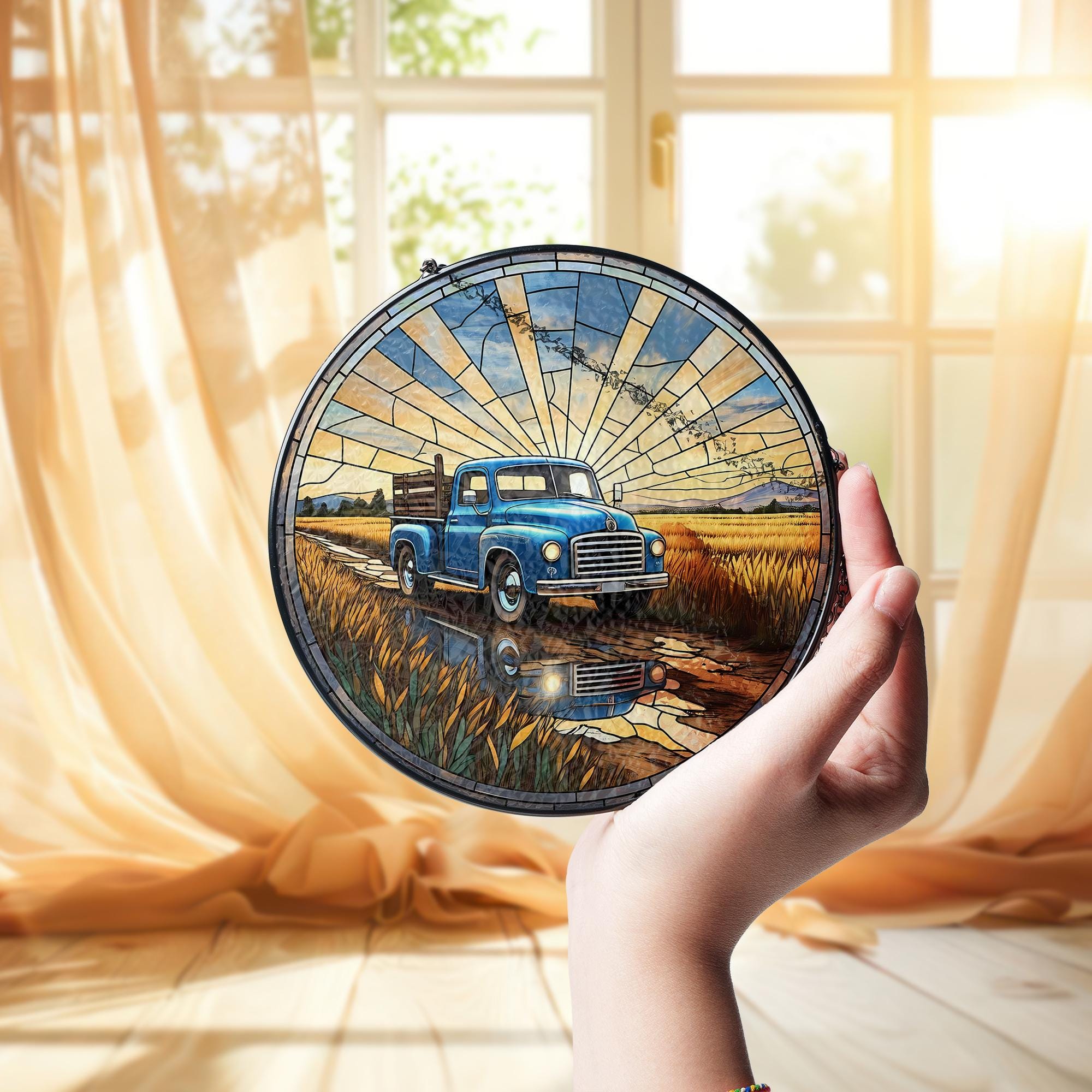 Truck in the Field Glass Suncatcher – Rustic Farm Decor – Perfect Father’s Day Gift for Truck Lovers & Outdoor Enthusiasts
