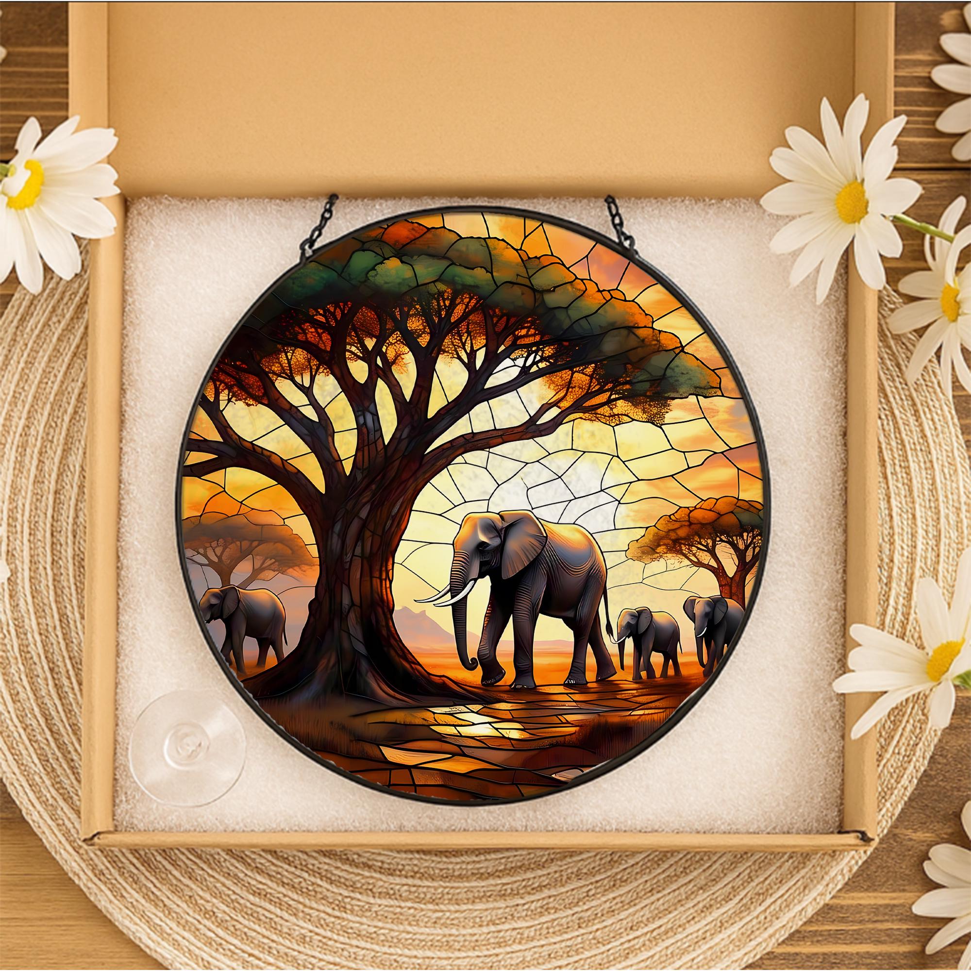 Ancient Tree & Elephant Glass Suncatcher – Wildlife-Inspired Decor – Unique Animal Lover Gift, Nature Lover Home Decor