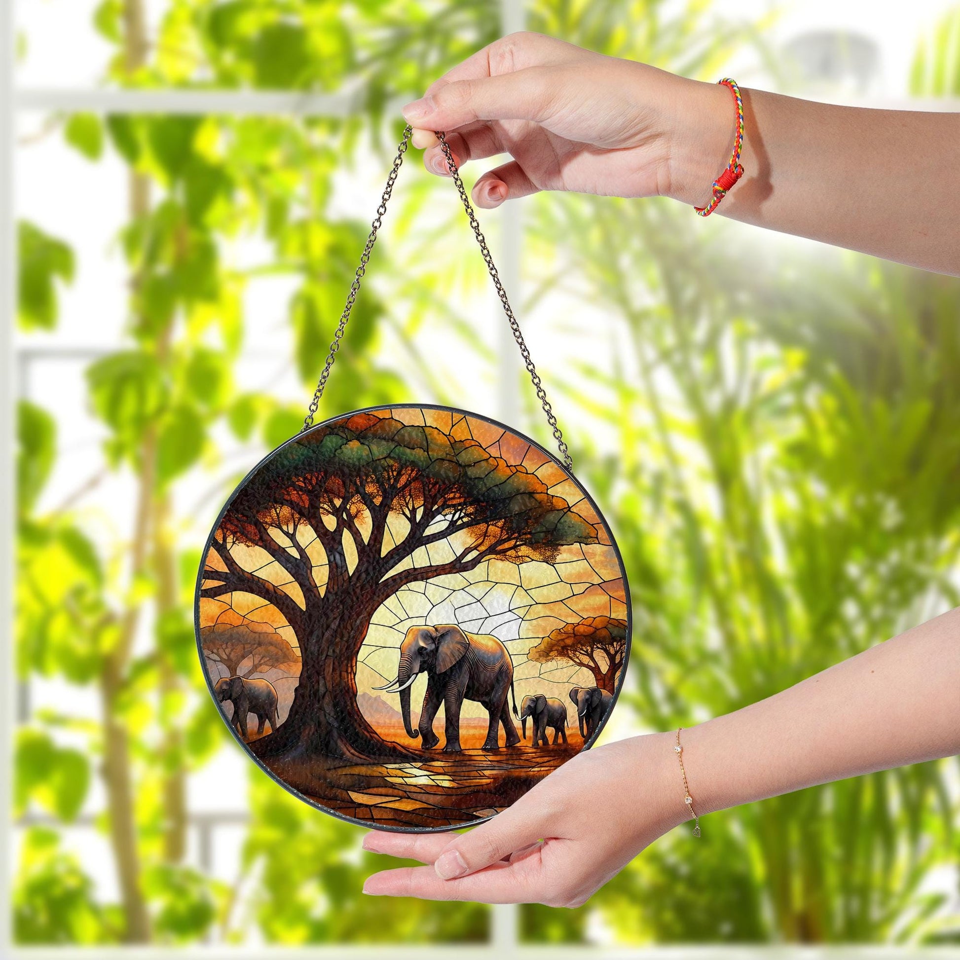 Ancient Tree & Elephant Glass Suncatcher – Wildlife-Inspired Decor – Unique Animal Lover Gift, Nature Lover Home Decor