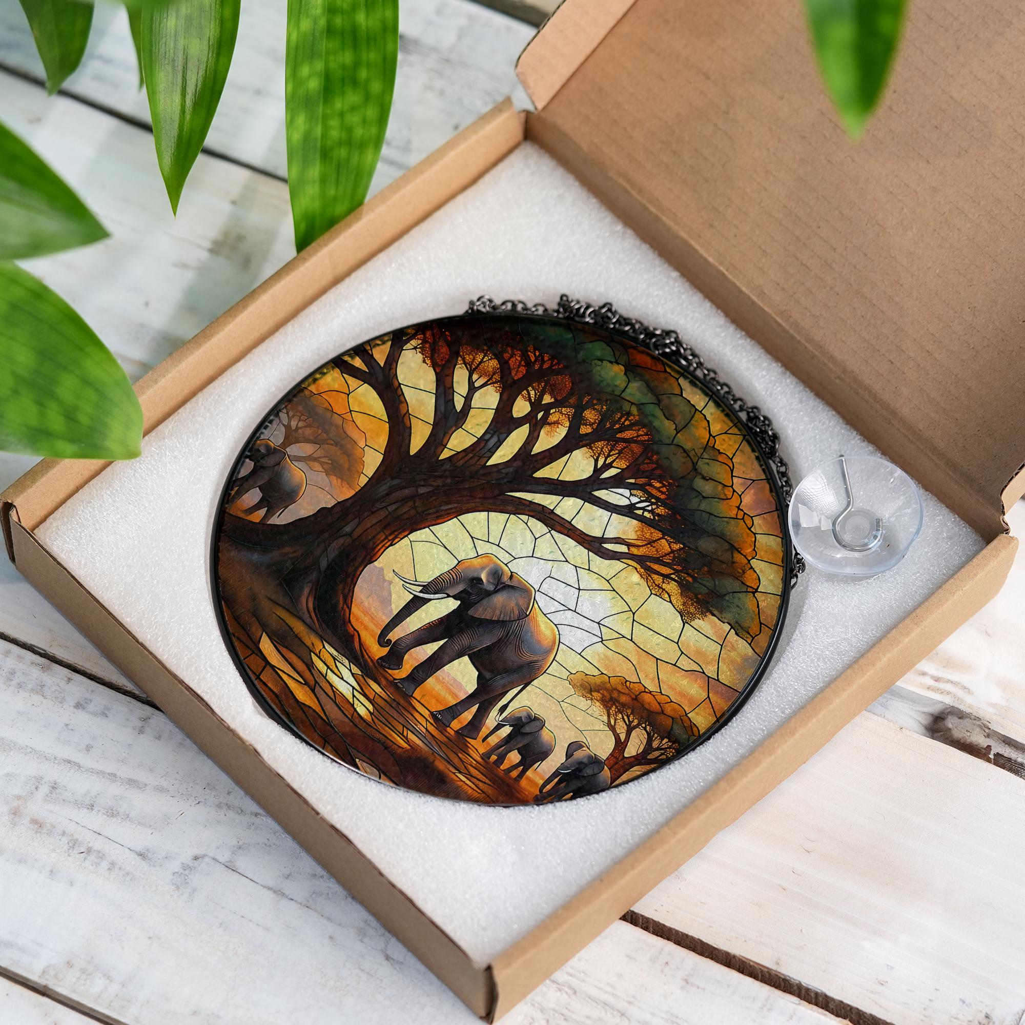 Ancient Tree & Elephant Glass Suncatcher – Wildlife-Inspired Decor – Unique Animal Lover Gift, Nature Lover Home Decor