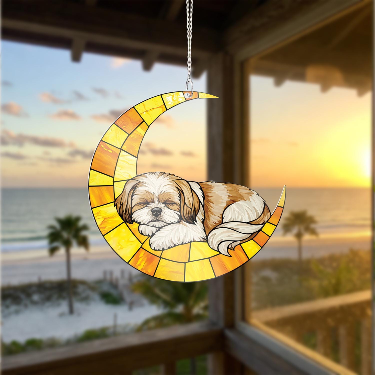 Shih Tzu Moon ACRYLIC Window Hanging, Sleeping Dog Window Hanging, Crescent Moon Pet Decor, Cute Shih Tzu Gift, Dog Lover Window Art