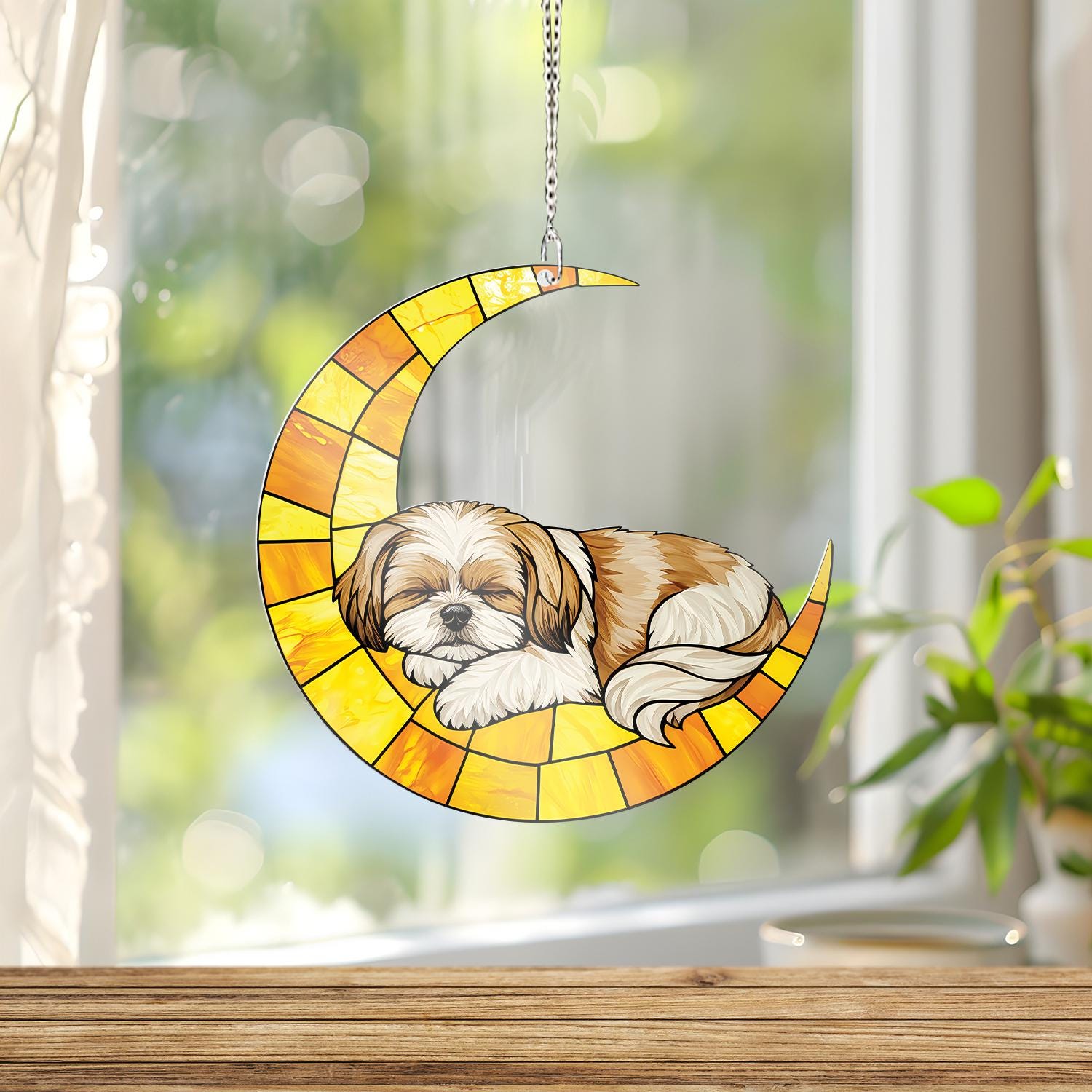Shih Tzu Moon ACRYLIC Window Hanging, Sleeping Dog Window Hanging, Crescent Moon Pet Decor, Cute Shih Tzu Gift, Dog Lover Window Art