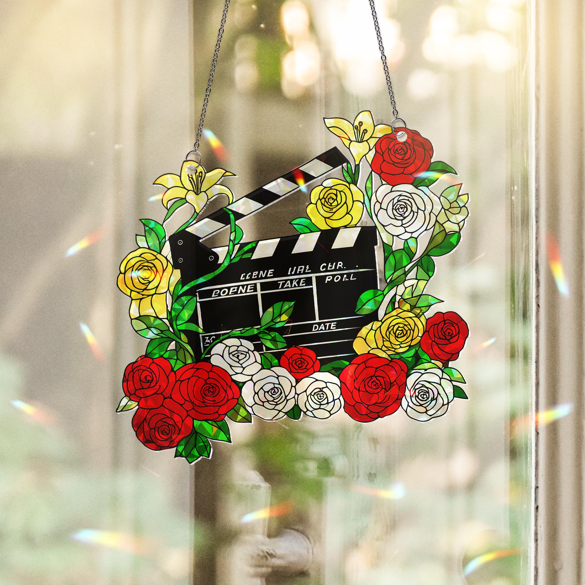 Floral Movie Clapperboard Hologram Window Hanging – Acrylic Sun Catcher – Perfect Gift for Flower Lovers & Film Enthusiasts